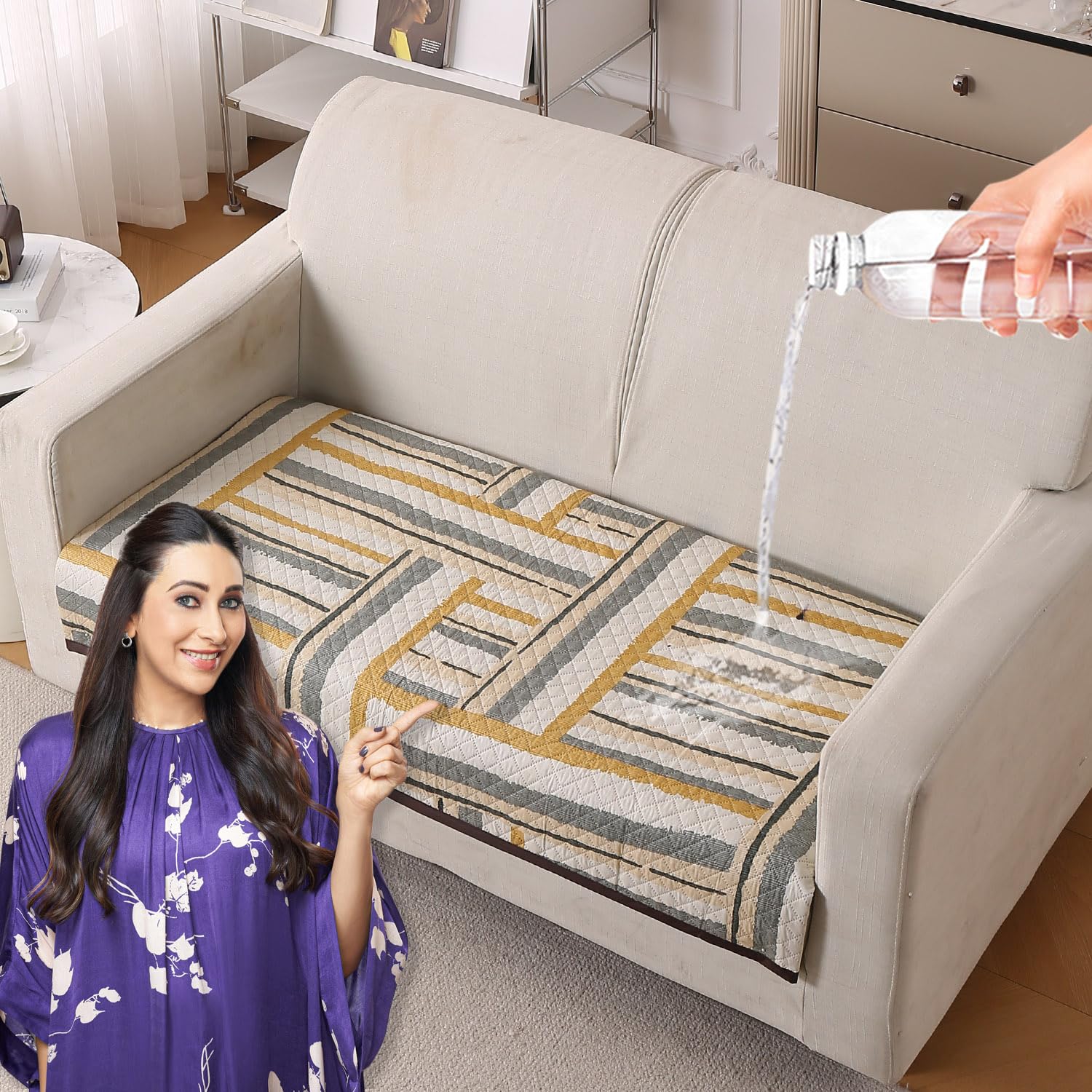 Beige Peony Sofa Cover - L Shape 5 Seater -12