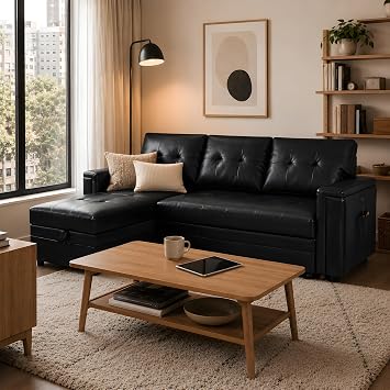 Naomi Home L-Shaped Air Leather Sleeper Sectional Sofa, Black | Convertible Sofa with Pull-Out Bed, USB Ports, Hidden Storage and Reversible Chaise for Everyday Comfort