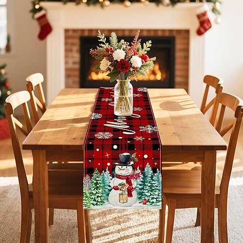 Miniatura 7 de Pinata Camino de Mesa de Navidad de 108 Pulgadas de Largo, Camino de Navidad para Mesa, Caminos de Navidad Rojos con Diseño de Búfalo y Muñeco de