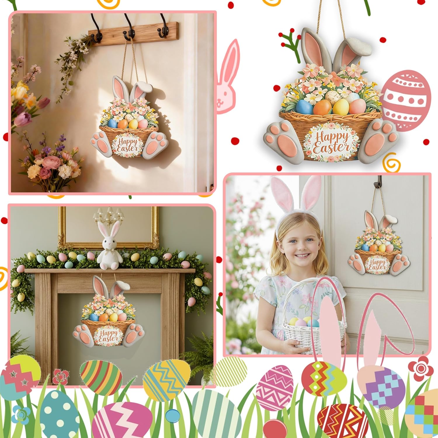 Easter Door Decorations,Easter Door Decorations, Easter Wreath, Spring Decorations Bunny Welcome Wood Sign Door Hanger Wall Hanging Plaque Eggs Sign Decorations(Bunny Ear Grey)