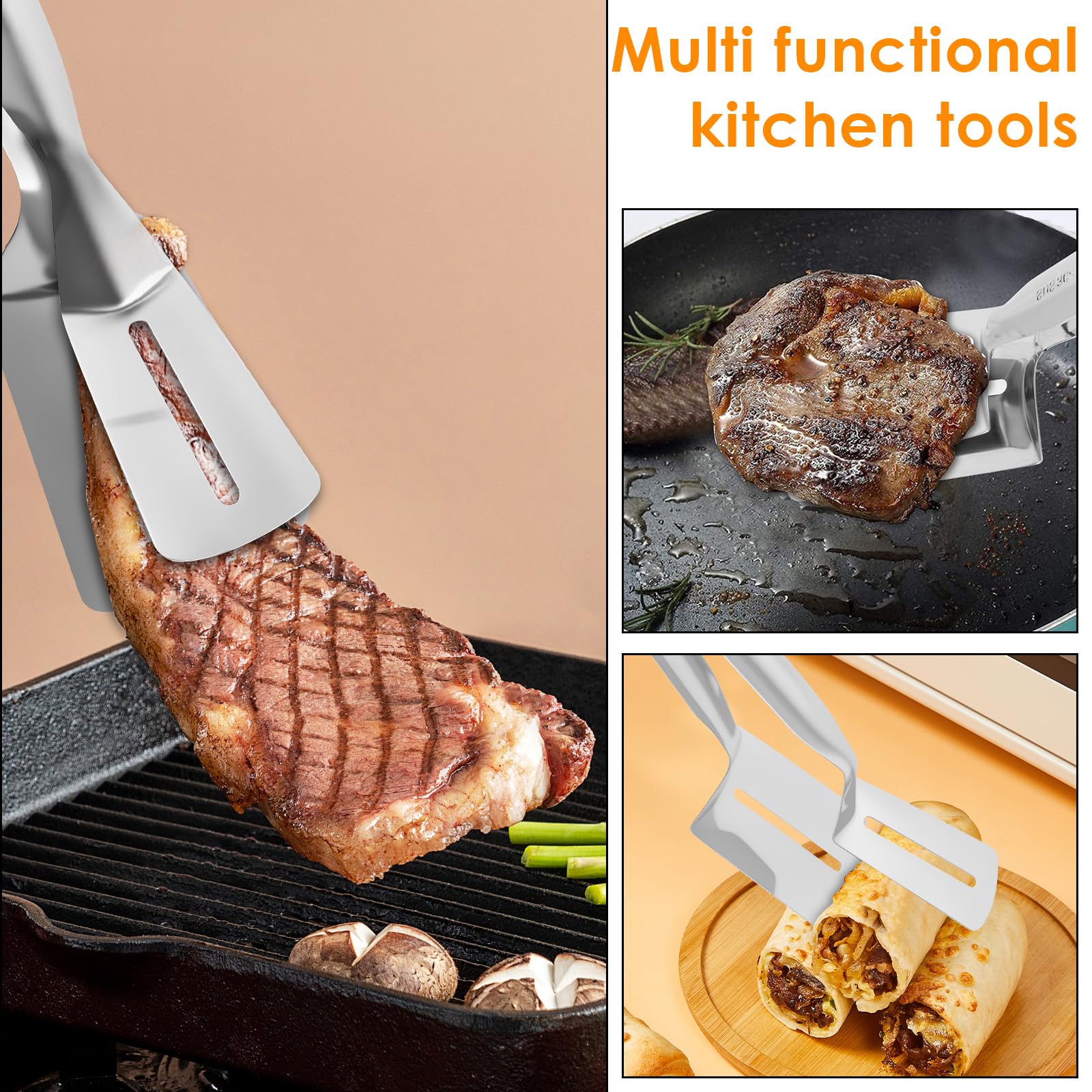 Anti-Scald Extended Handle Spatula Tongs, Multifunctional Stainless Steel Grill Clamp, Flipping Spatula Tongs Clip, Double-Sided Shovel Clip for Steak, Bread, Hamburger, BBQ Buffets, Cakes (4)