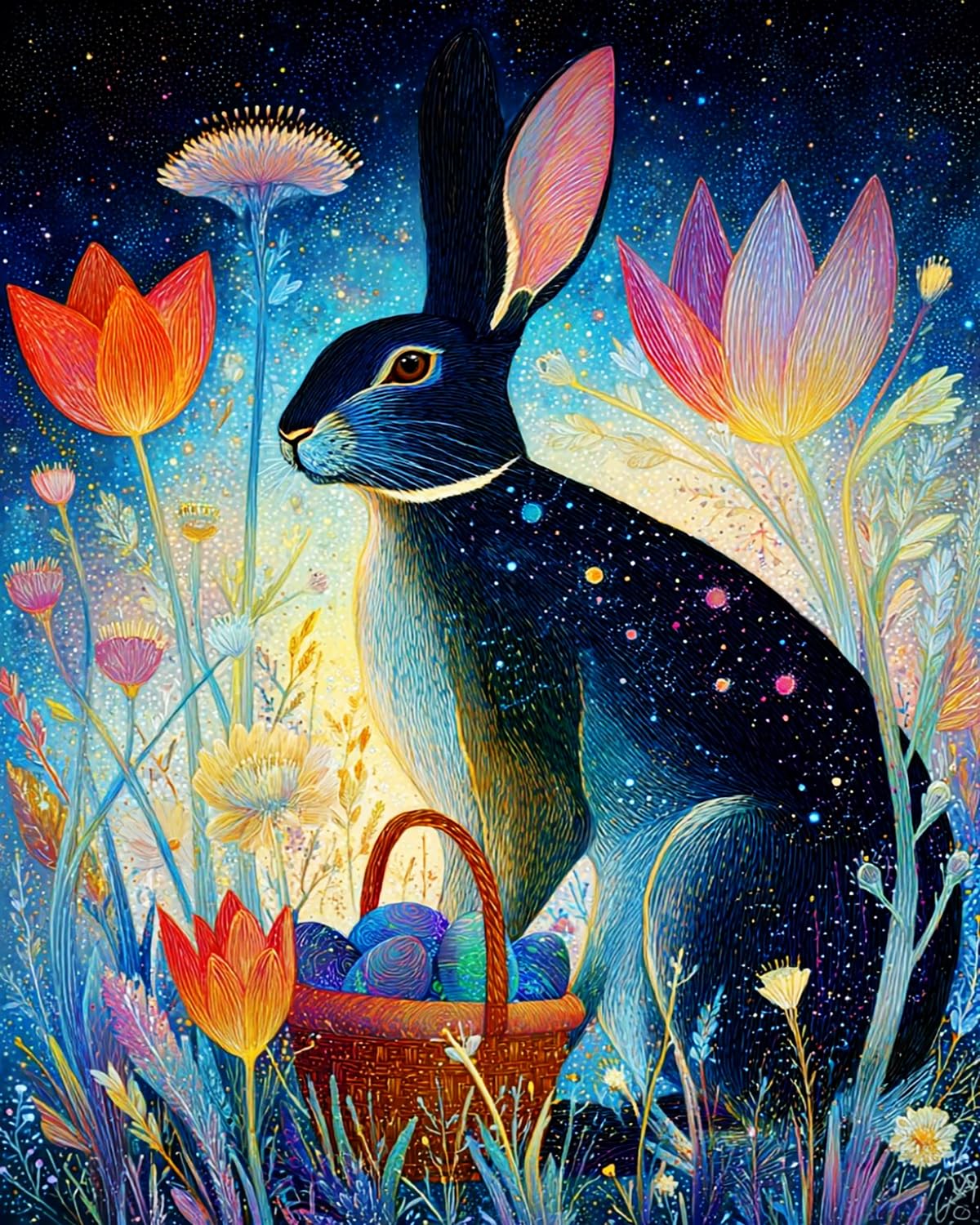Liubaishi Multicolour Paint By Numbers For Adults, Black Starry Night Flower Rabbit, 40X50 Cm Acrylic Canvas Kit