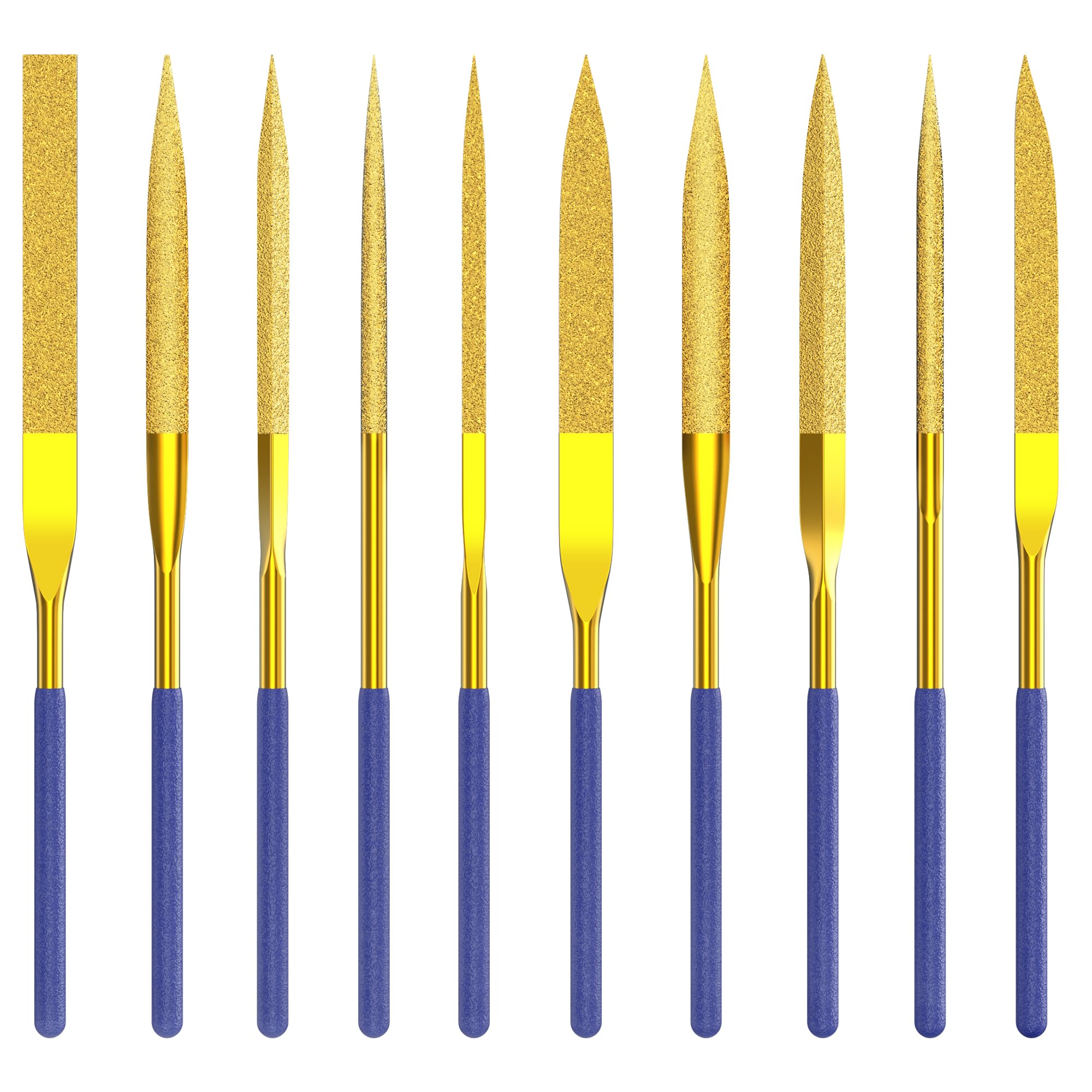 HUHAO 10-Piece Mini Diamond Needle File Set 5x180mm Small Metal Riffler Files Jewelers File Precision Hand Tools for Metal Glass Wood Stone Jewelry - Round Triangular Square Flat Shape