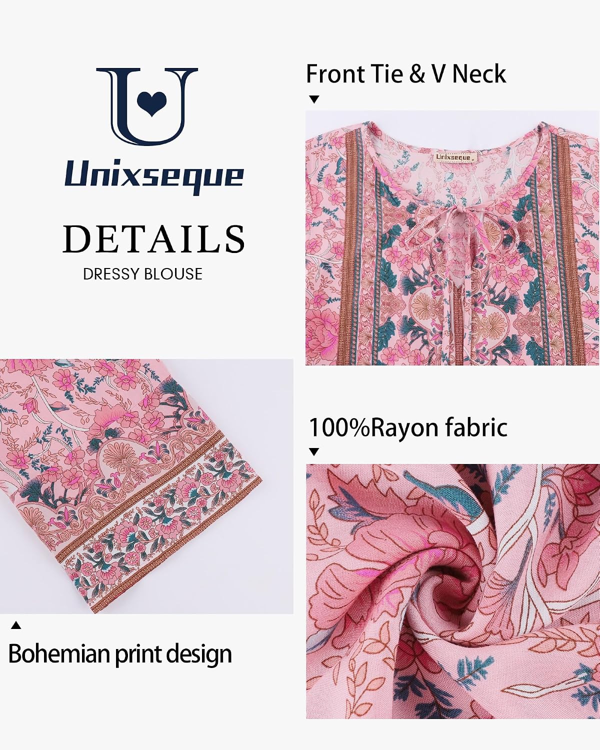 Unixseque Summer Boho Womens Tops Floral Print Dressy Casual V-Neck Tie Front Trendy Fall 3/4 Sleeve Blouses