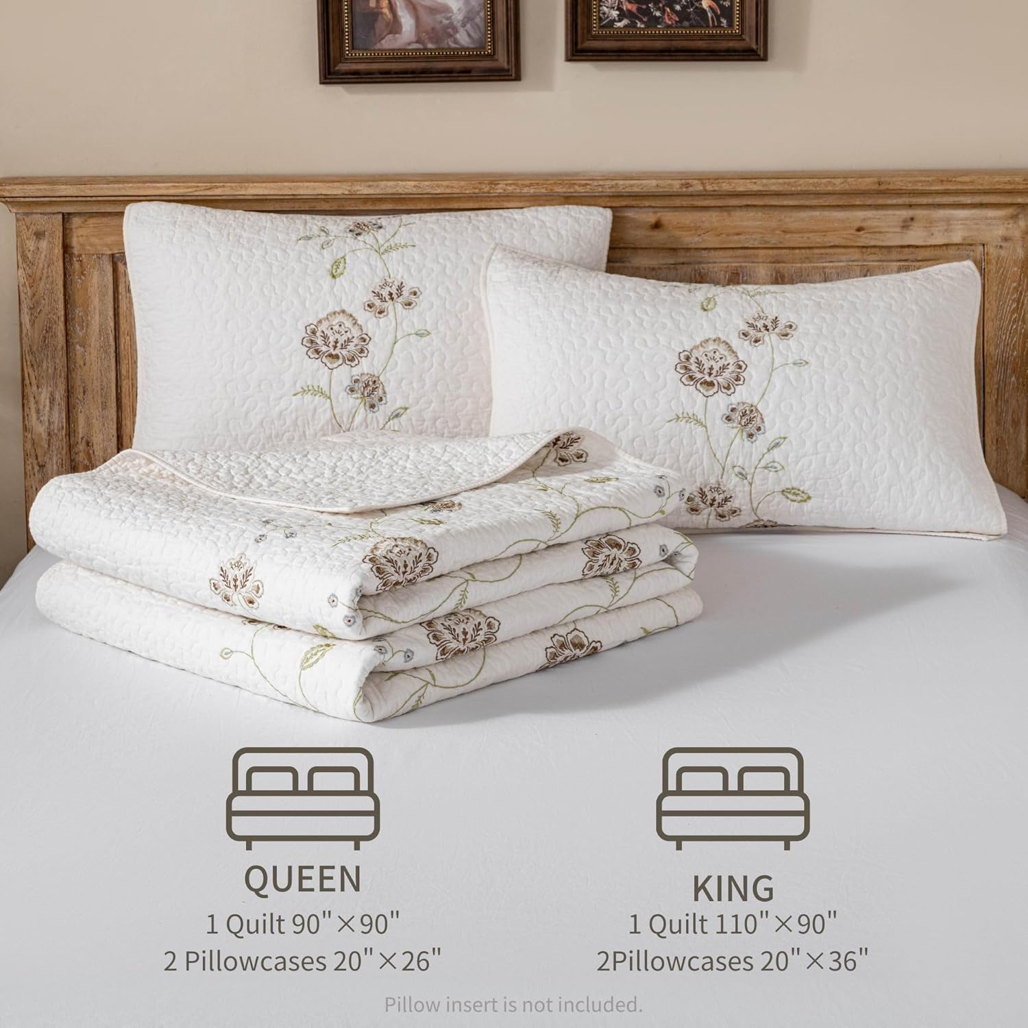 meadow park Embroidery Quilt Set 3-Piece Prewashed. 100% Cotton. Embroidery and Allover Quilting. Queen Size Bed Spread. Ivory Color. - Image 3