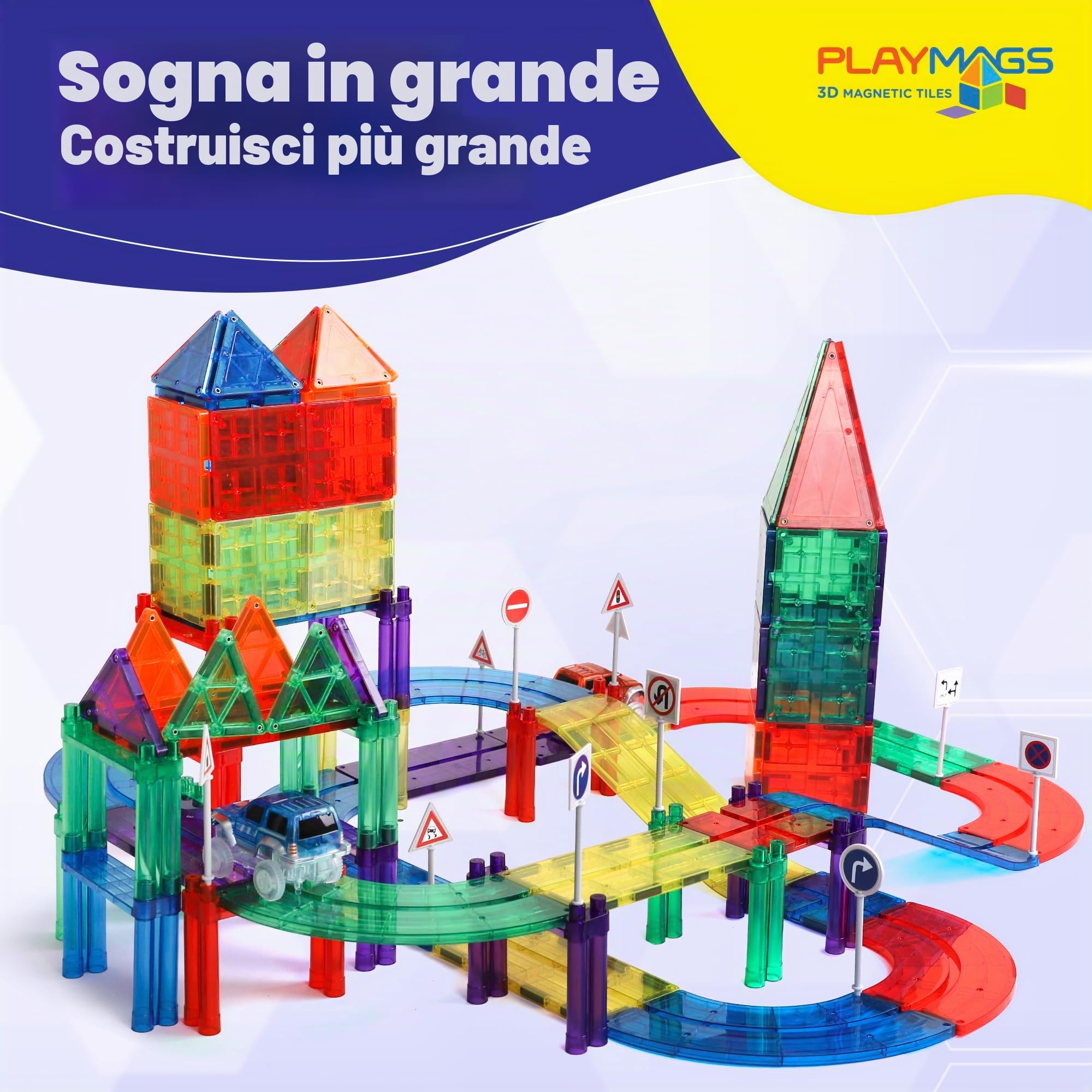 Playmags Set da 200 pezzi con piastrelle magnetiche, pista da corsa, include 2 auto da corsa elettriche motorizzate, per bambini dai 3 anni in su