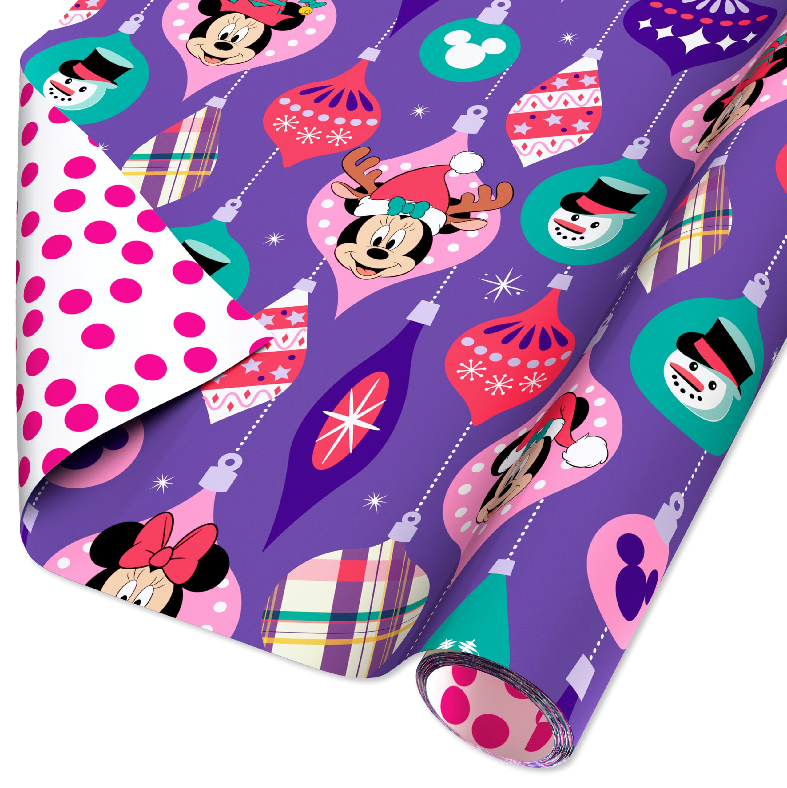 American Greetings 40 sq. ft. Reversible Disney Minnie Mouse Christmas Wrapping Paper, Ornaments (1 Roll, 30 in. x 192 in.)