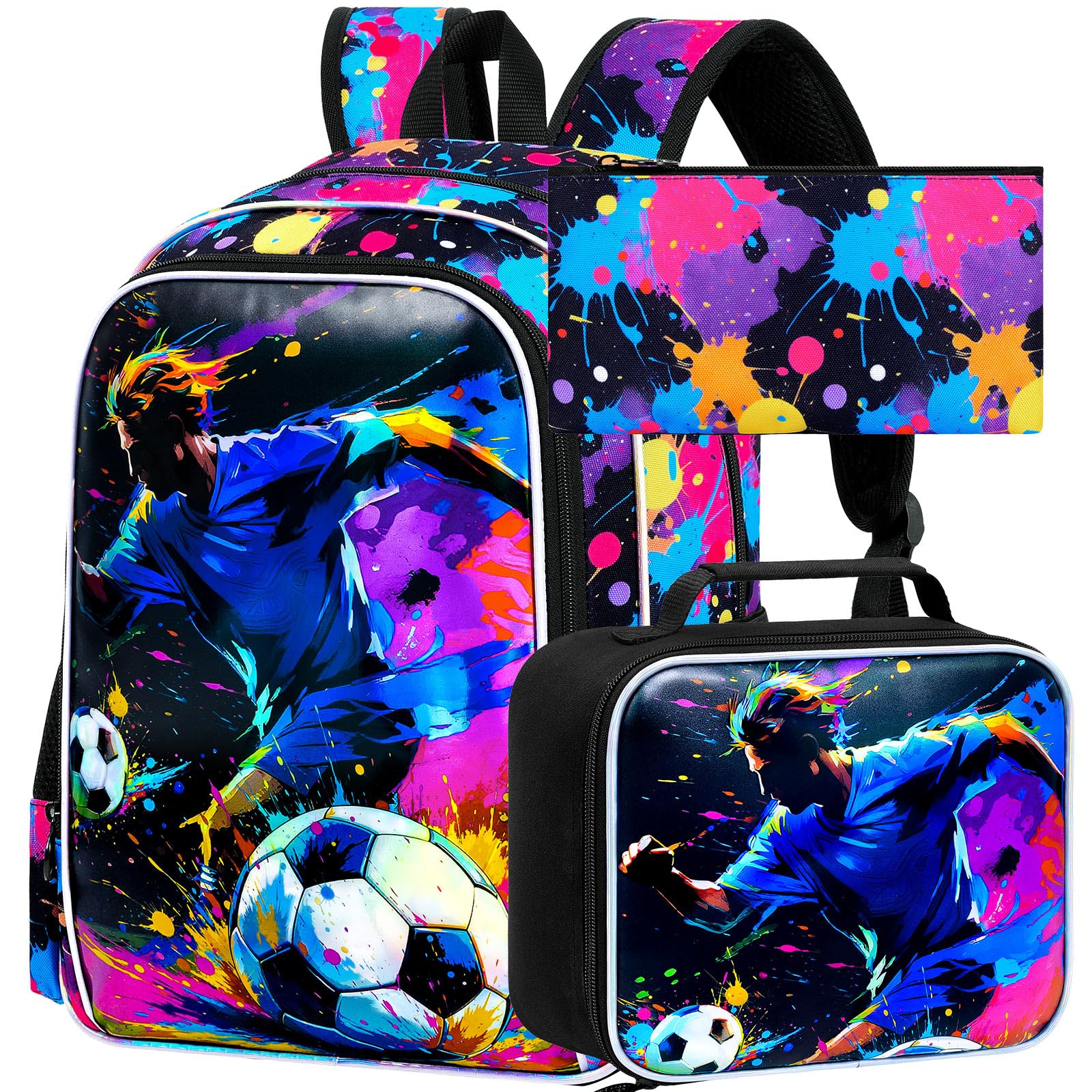 3Pcs Soccer Backpack for School, 17" Boys Bookbag with Lunch Box, Kids Backpacks Set for Elementary Preschool Kindergarten (Graffiti)
