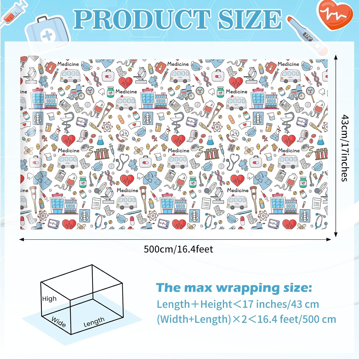 Pineraap Medical Wrapping Paper Roll - Doctor Nurse Hospital Theme Gift Wrap for Healthcare Parties, Graduation, Retirement, 17Inch x16.4Feet image 3