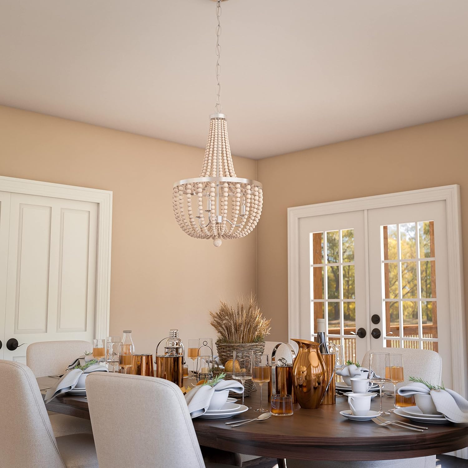 White Beaded 3-Light Wood Chandelier with Brushed Steel Frame