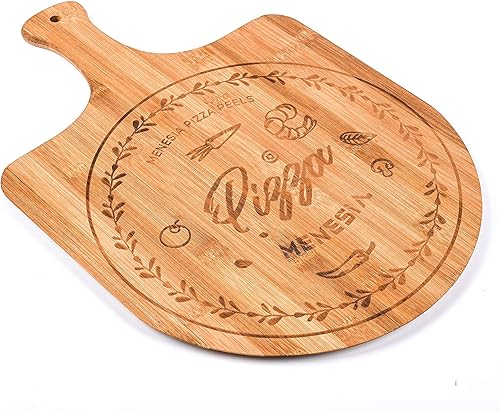 Miniatura 2 de Pala de pizza de bambú prémium de 12 pulgadas con asa, paleta de pizza de madera, tabla de cortar para frutas, verduras, queso, pan (círculo)