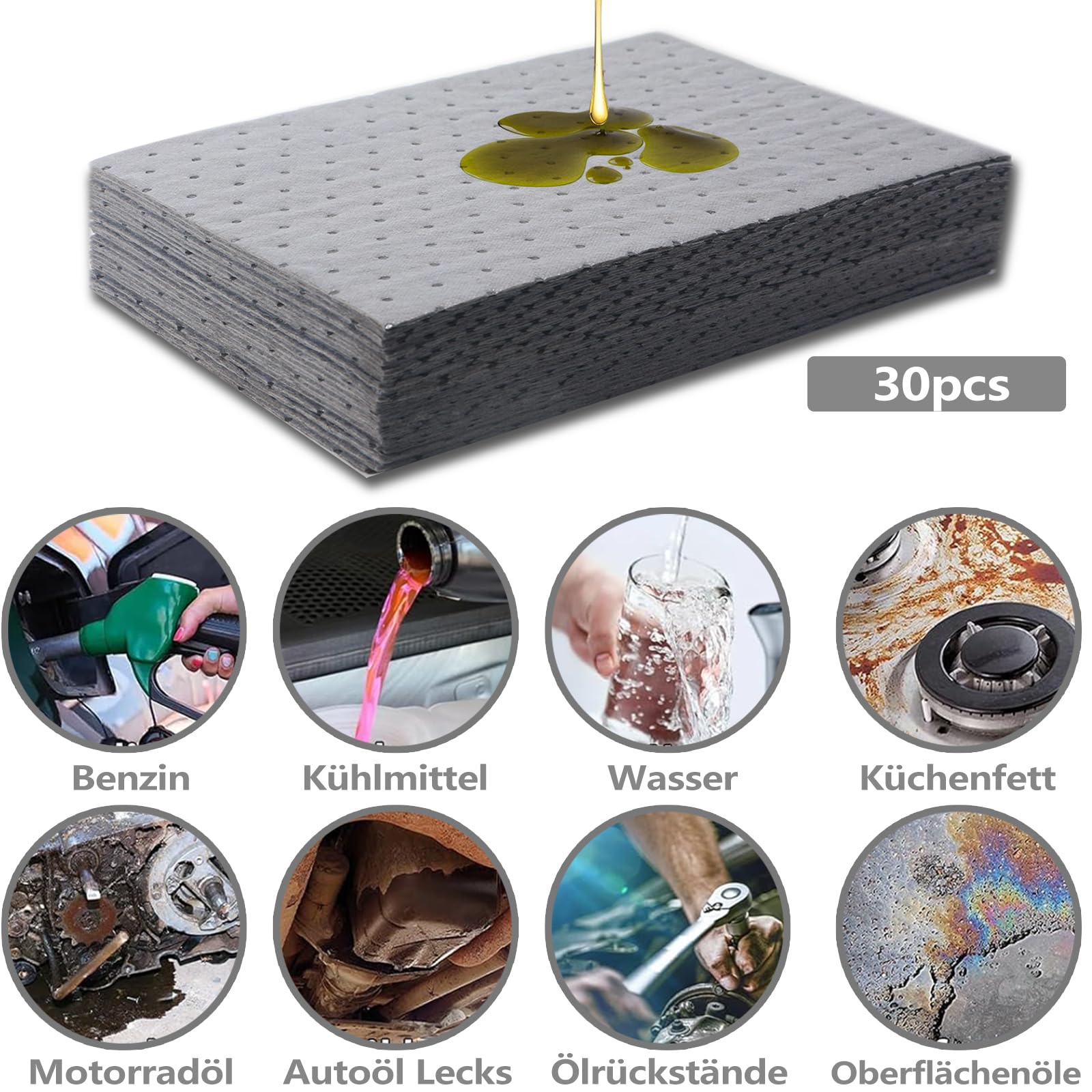 Ölsaugtücher Universelle, Ölbindematte 30 Pcs, Ölpflegematte, Saugmatte für Öltropfen Ölabsorbierende Polster/Matten für Werkstatt Garage, Verschüttete Flüssigkeiten auf Wasserbasis, Öl 25x33cm