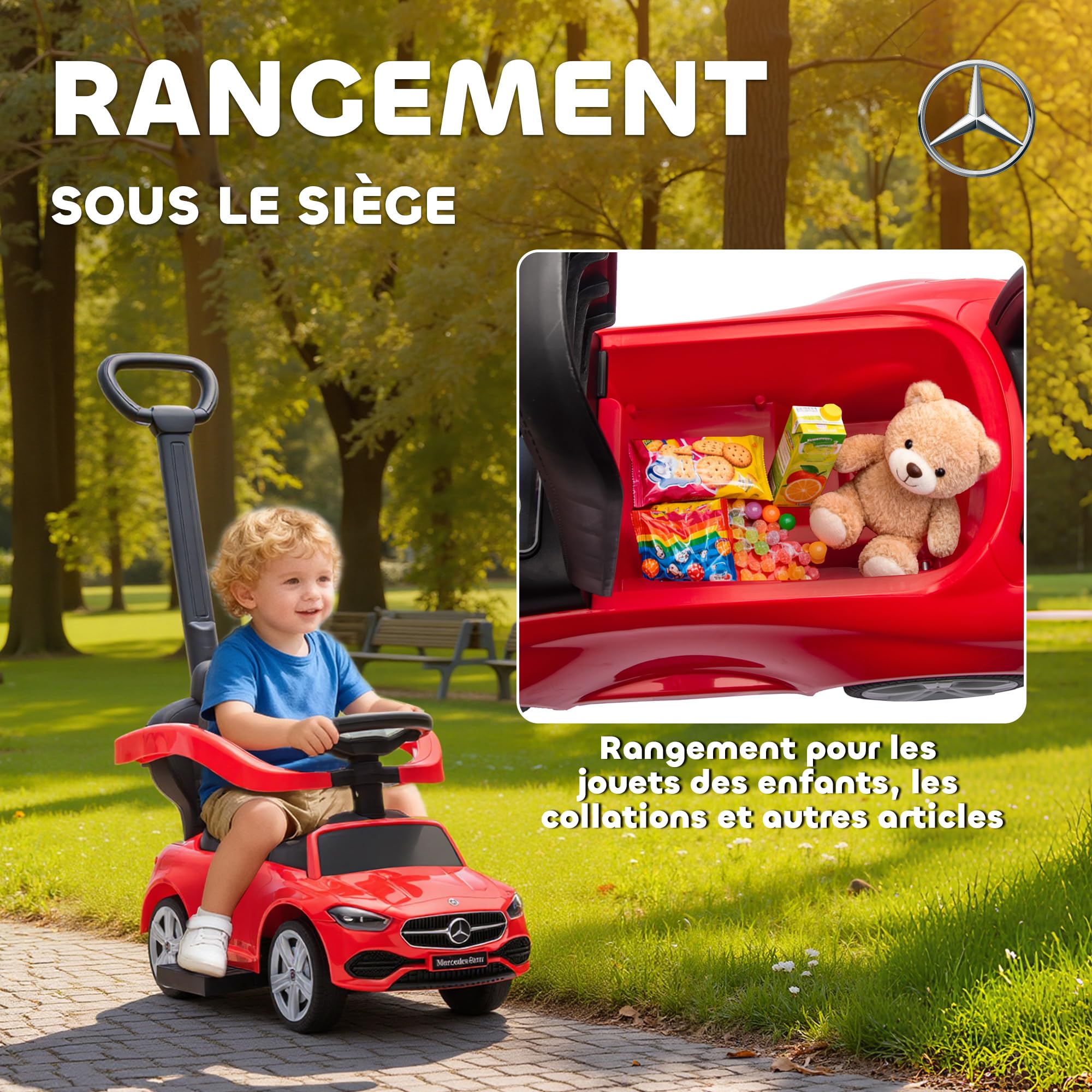 AIYAPLAY Portabebés Mercedes-Benz con Licencia, portabebés 2 en 1 con asa extraíble, pasamanos, Espacio para Guardar Cosas, claxon y Volante, para niños de 18 a 36 Meses, Rojo