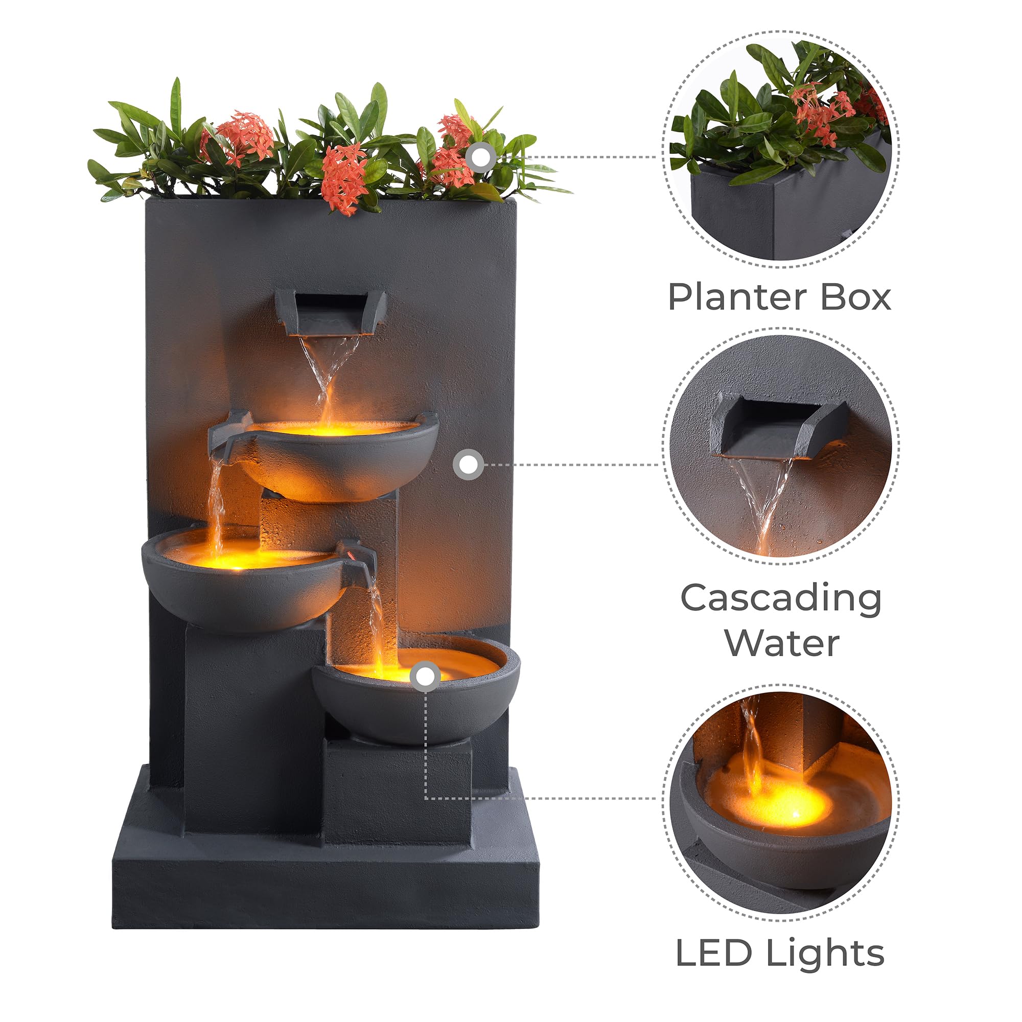 Teamson Home 74 cm 3-stufiger Kaskadierender Outdoor-Wasserbrunnen mit Pflanzgefäß, LED-Leuchten für Außenbereiche, Mattgrau