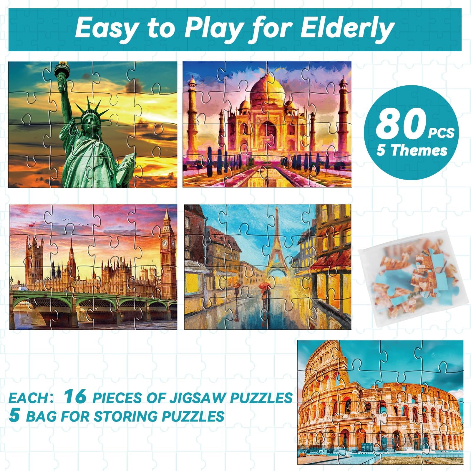 Paquete de 5 rompecabezas grandes de 16 piezas para actividades de productos de Alzheimer, rompecabezas de Alzheimer, juegos cognitivos de memoria fácil para personas mayores, adultos, regalo con 5