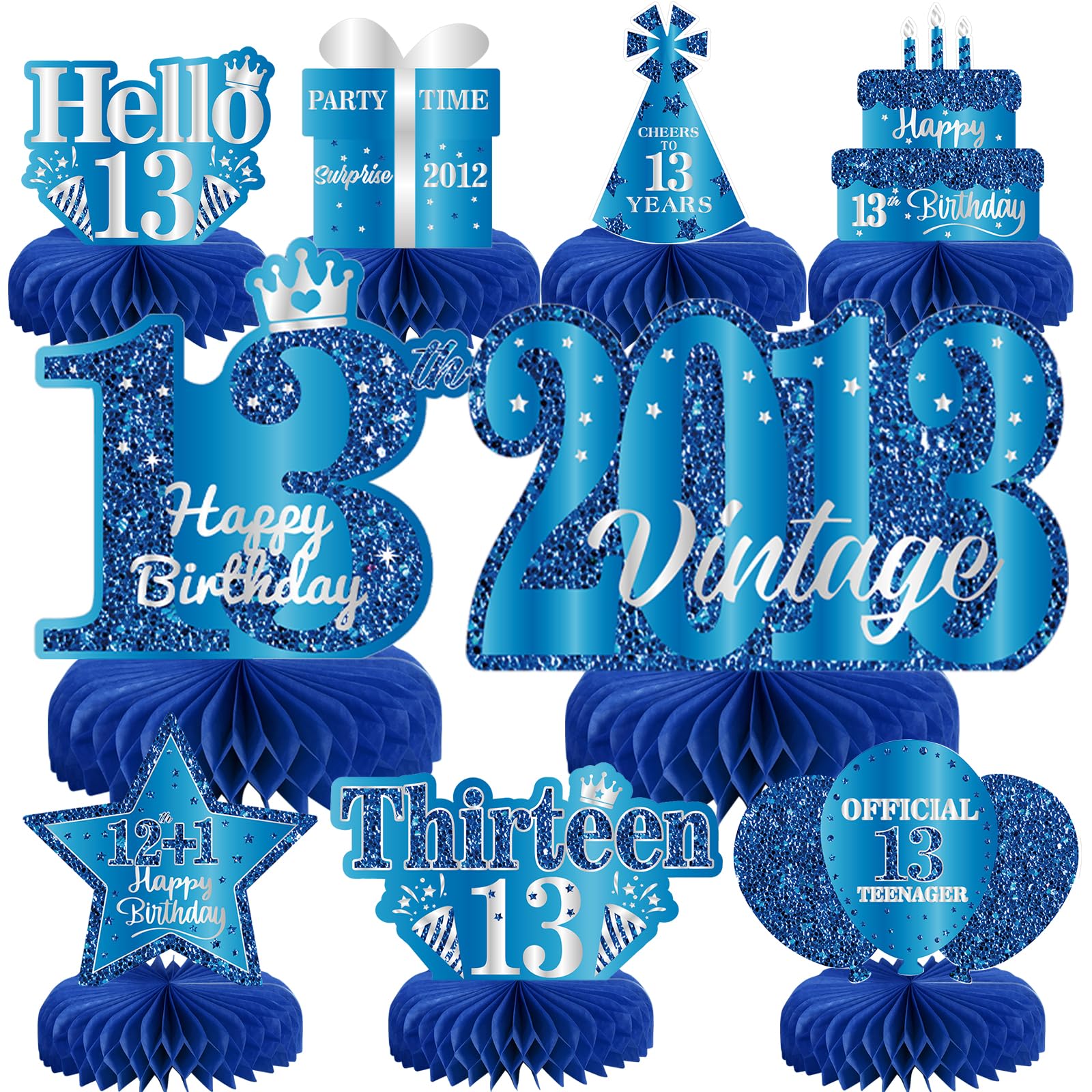 9Pcs 13th Birthday Decorations Blue Silver 13th Birthday Party Decorations for Teens Boys Girls,Happy 13 Years Birthday Honeycomb Centerpieces Table