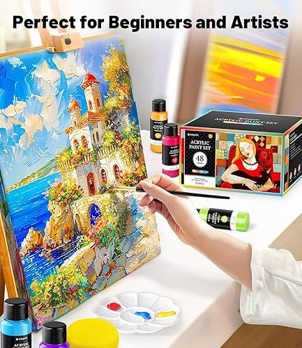 Miniatura 24 de POPYOLA Juego de 40 piezas de pintura acrílica con 12 pinceles, 2 cuchillos, paleta y esponja, 24 colores (2.3 onzas líquidas, 2 onzas), pintura