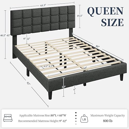 Miniatura 2 de Yaheetech Base de cama tapizada, moderna plataforma de cama Queen con cabecera acolchada con costuras cuadradas y botones, altura ajustable, soporte