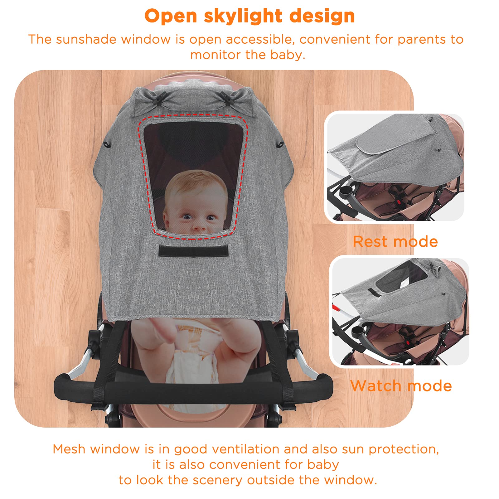 GeeRic Pare-Soleil Poussette Bébé Anti-UV UPF50+ - Protection Solaire Universelle Pour Landau Et Voiture D'Enfant Gris