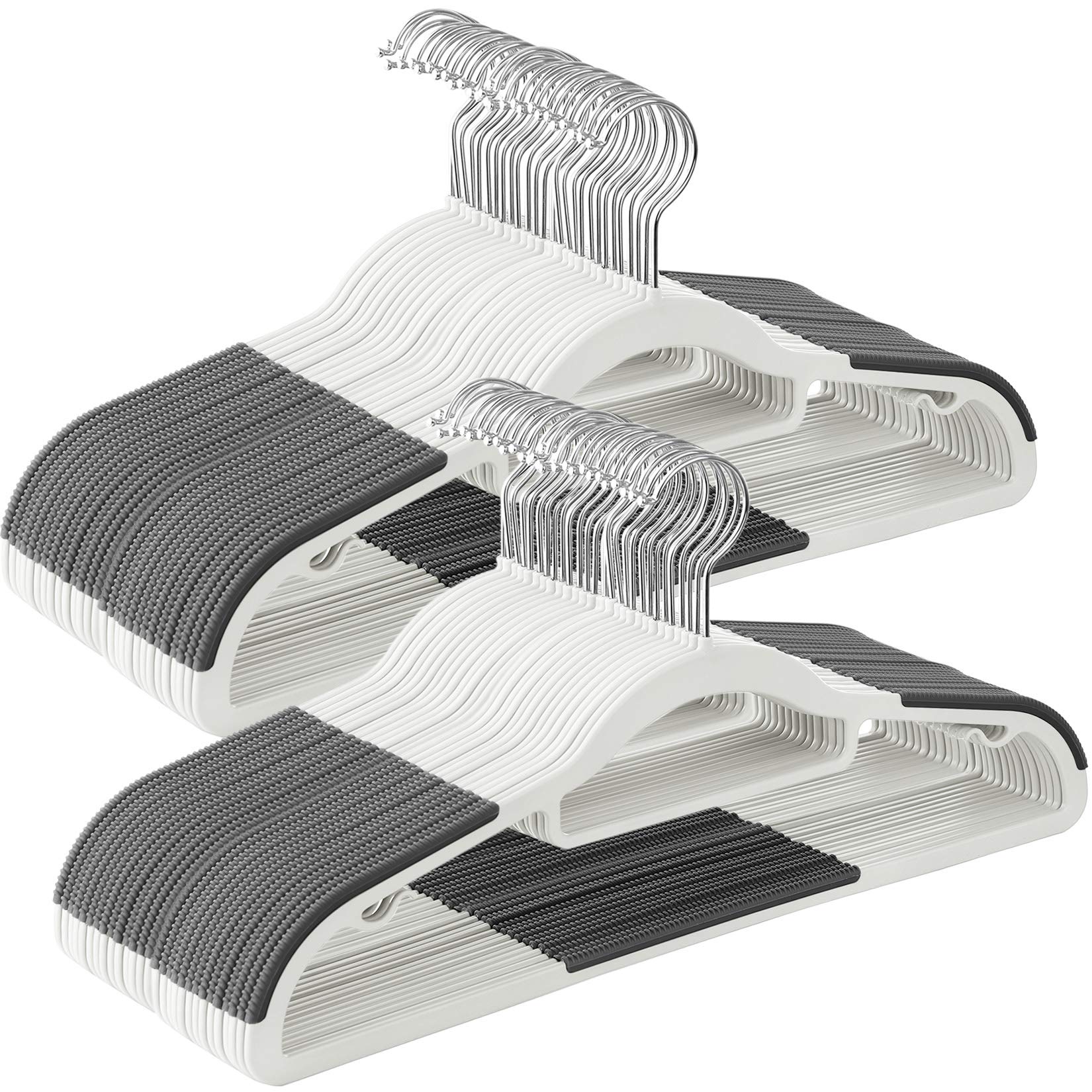 SONGMICS Kleiderbügel 50er Set, Bügel aus Kunststoff, rutschfest, platzsparend, Dicke 0,5 cm, 42 cm lang, um 360° drehbarer Haken in Silber, weiß-dunkelgrau CRP020W02