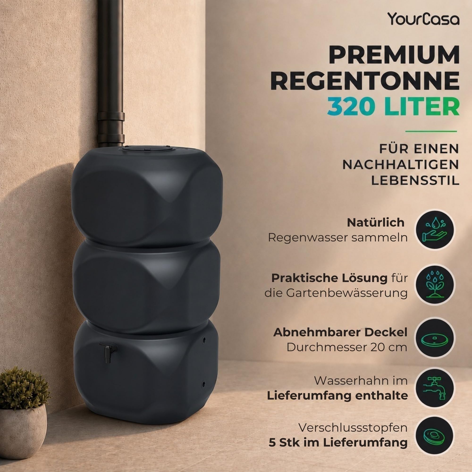 YourCasa Regentonne 320 Liter [Aquablock] - Wandtank mit Wasserhahn & Deckel - Wassertonne eckige Form - Regenfass Frostsicher Regenwassertonne Regenwassertank Wasserfass Garten (Anthrazit)