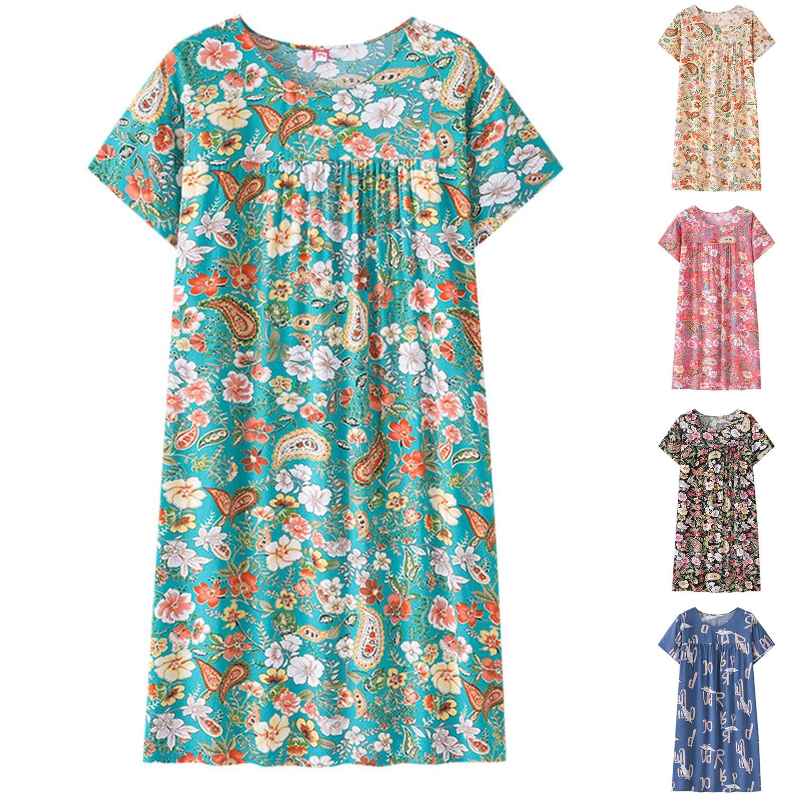 Camisón señora Mayor Algodón Vestidos Casual Tallas Grandes Flexibles Camisones Mujer Manga Corta Pijamas Entretiempo Estampados Sleepshirt De Corte Clásico Batas De Casa Mujer