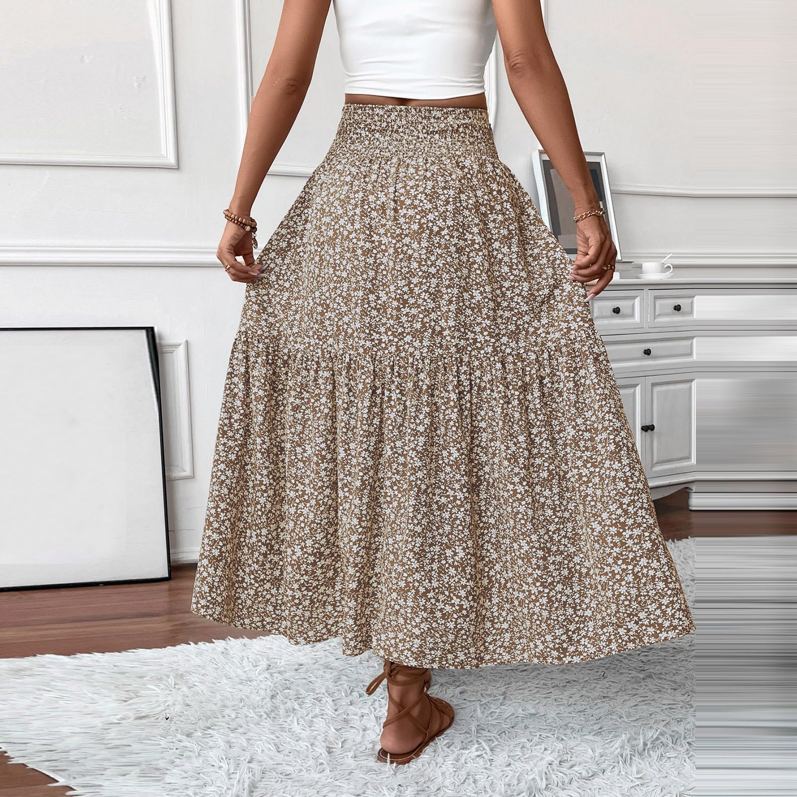 Damen Rock Lang Elegant Sommerrock Mit Taschen Stretch High Waist Damenröcke Boho Strand Summer Skirt
