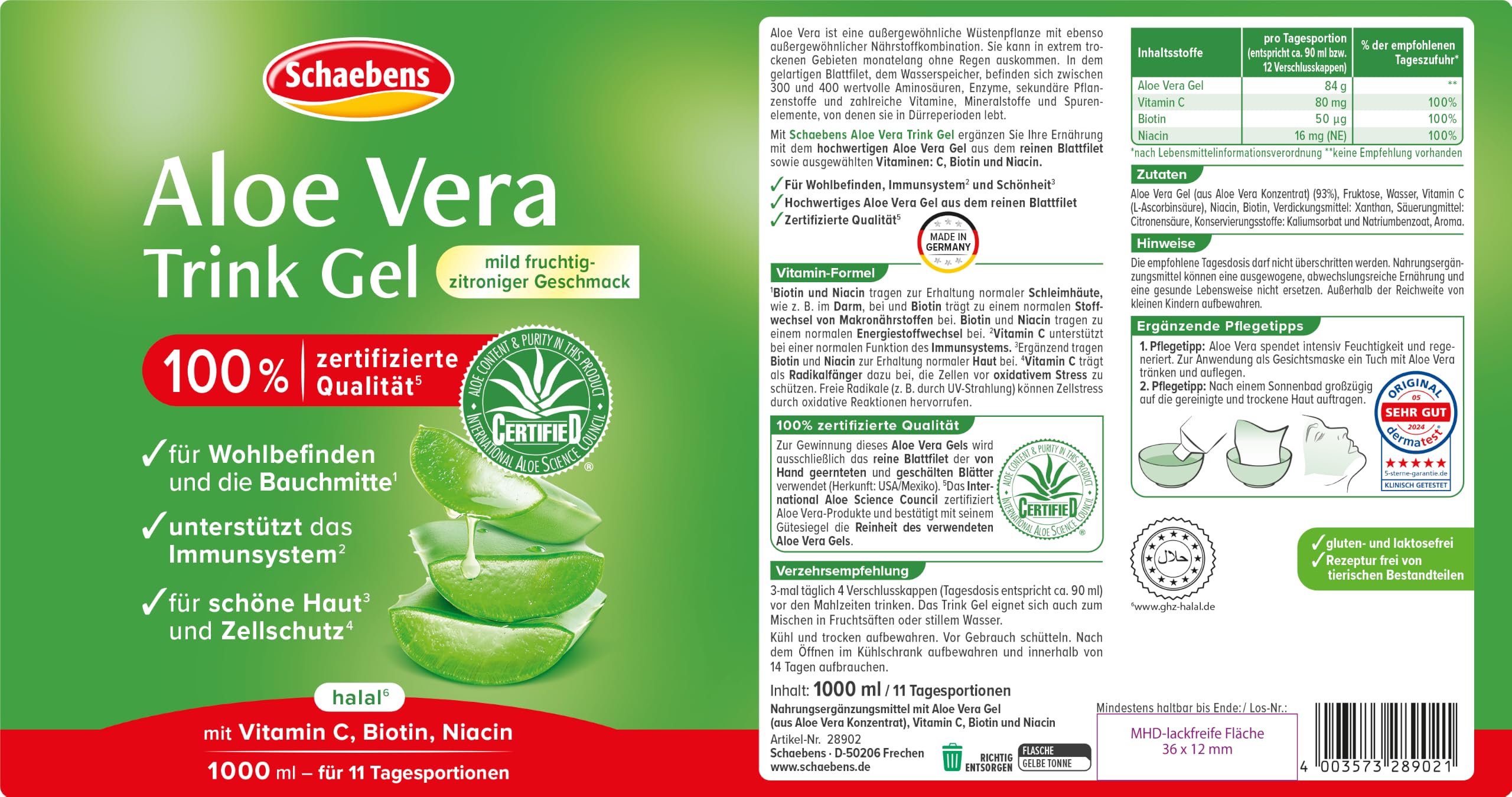 Schaebens Aloe Vera Trinkgel 1 l, angenehm fruchtig-zitroniger Geschmack mit Vitamin C, Biotin & Niacin, vegan, glutenfrei, laktosefrei