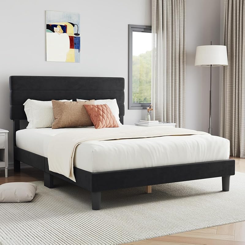 Novilla King Bed Frame and Headboard, King Bed Frame, Velvet Upholstered Stripe Bed Frames, No Box Spring Needed, Heavy Duty Feet, Easy Assembly, Black Velvet