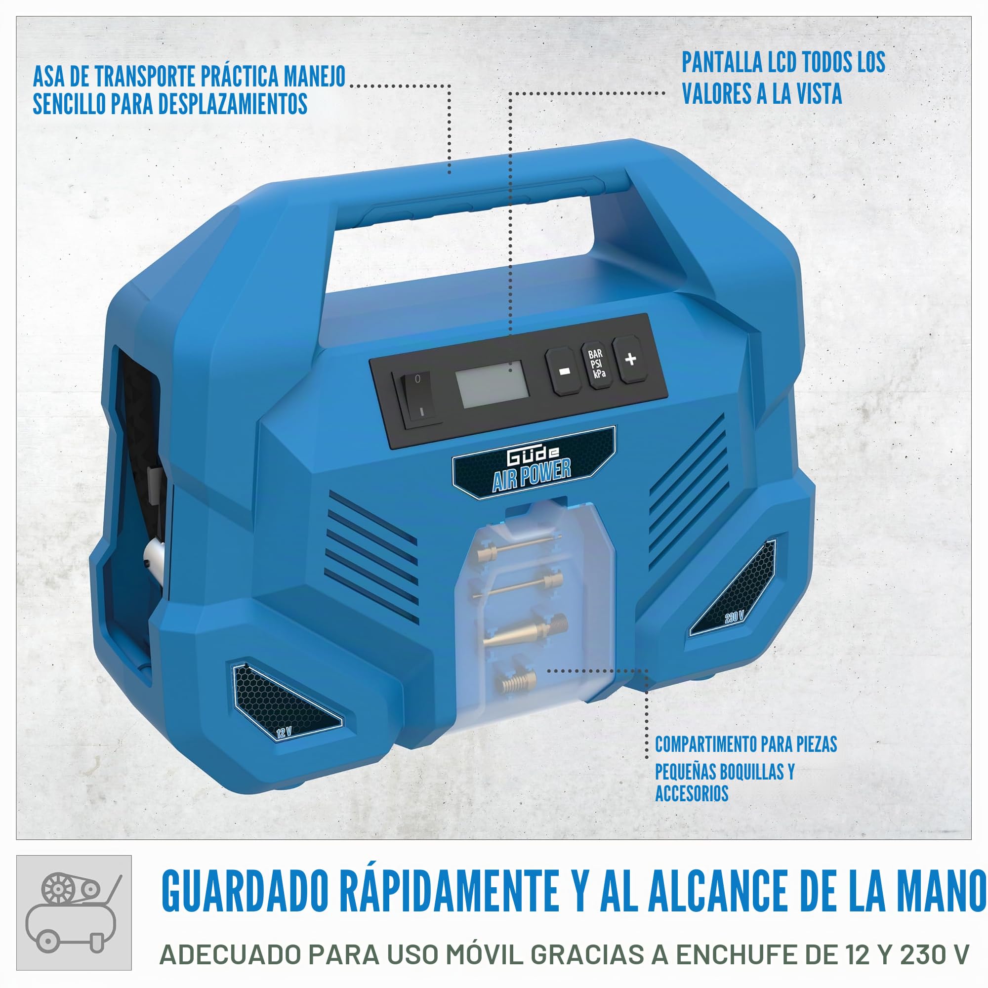 Güde Compresor Airpower Dual Drive 12/230 V/5 piezas: 150 W, máx. 8 bar, 20 l/min, sin aceite ni mantenimiento, conexión 12 V y 230 V, pantalla LCD, manguera de aire, azul y negro