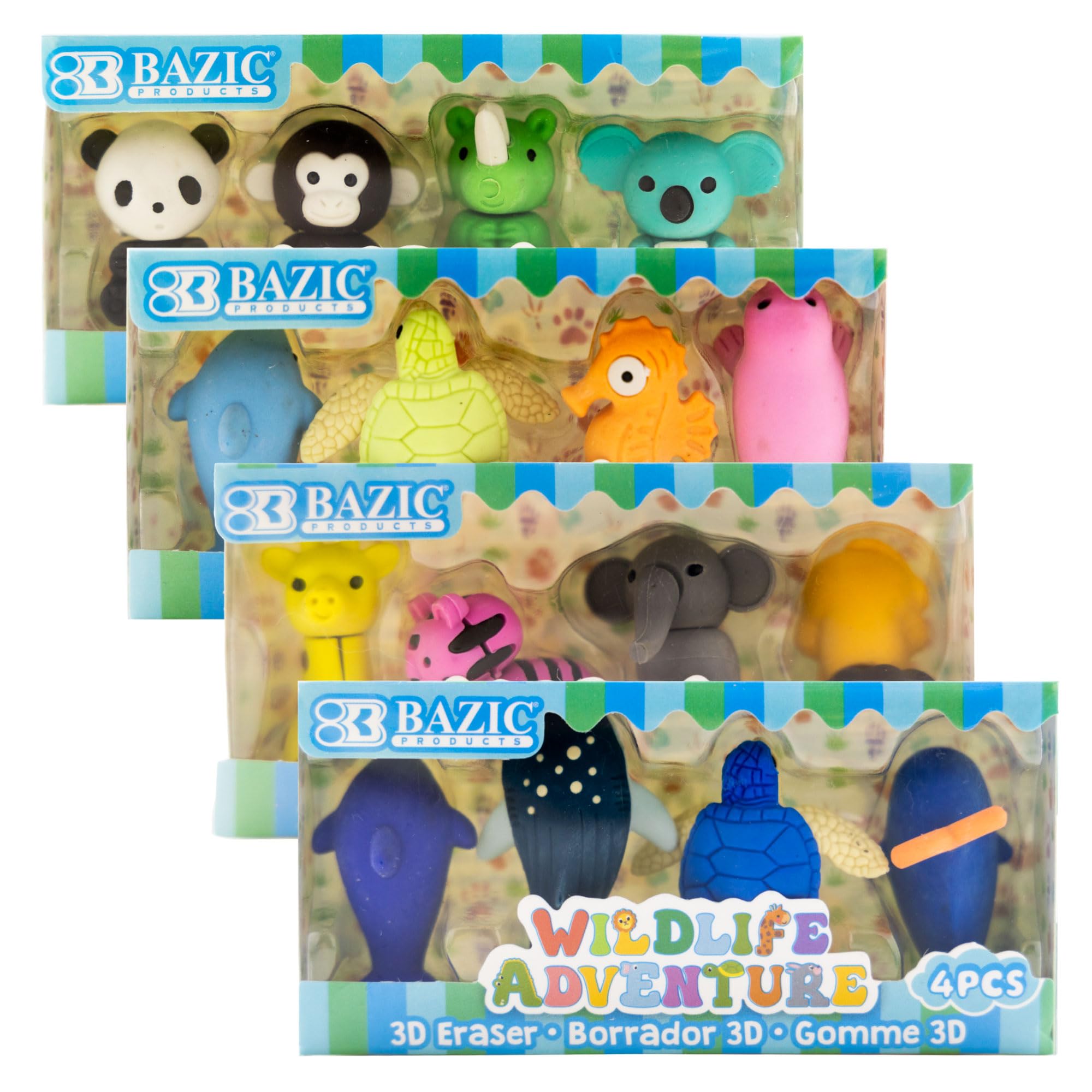 BAZIC 3D Erasers, Wildlife Mini Animals Pencil Erasers (4/Pack), 4 Count for Bulk Prizes, Treasure Chest, Classroom Must H...