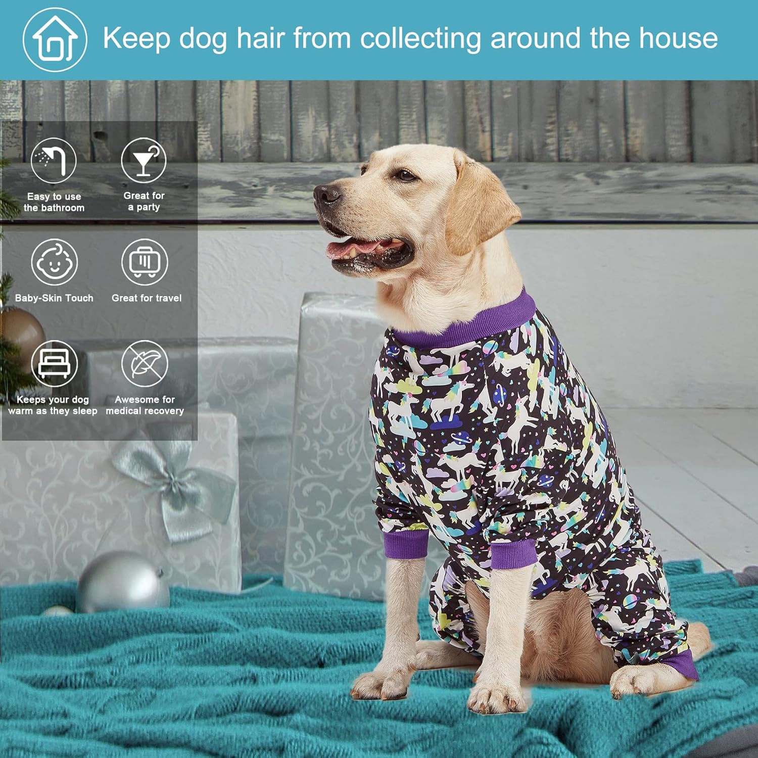 LovinPet Large Breed Dog Clothes, Wound Care/Post Surgery Recovery Shirt for Large Dogs, Unicorns in Space Black Print, UV Protection, Pet Anxiety Relief, Stop Shedding for Dogs, Pet PJ's, 3XL