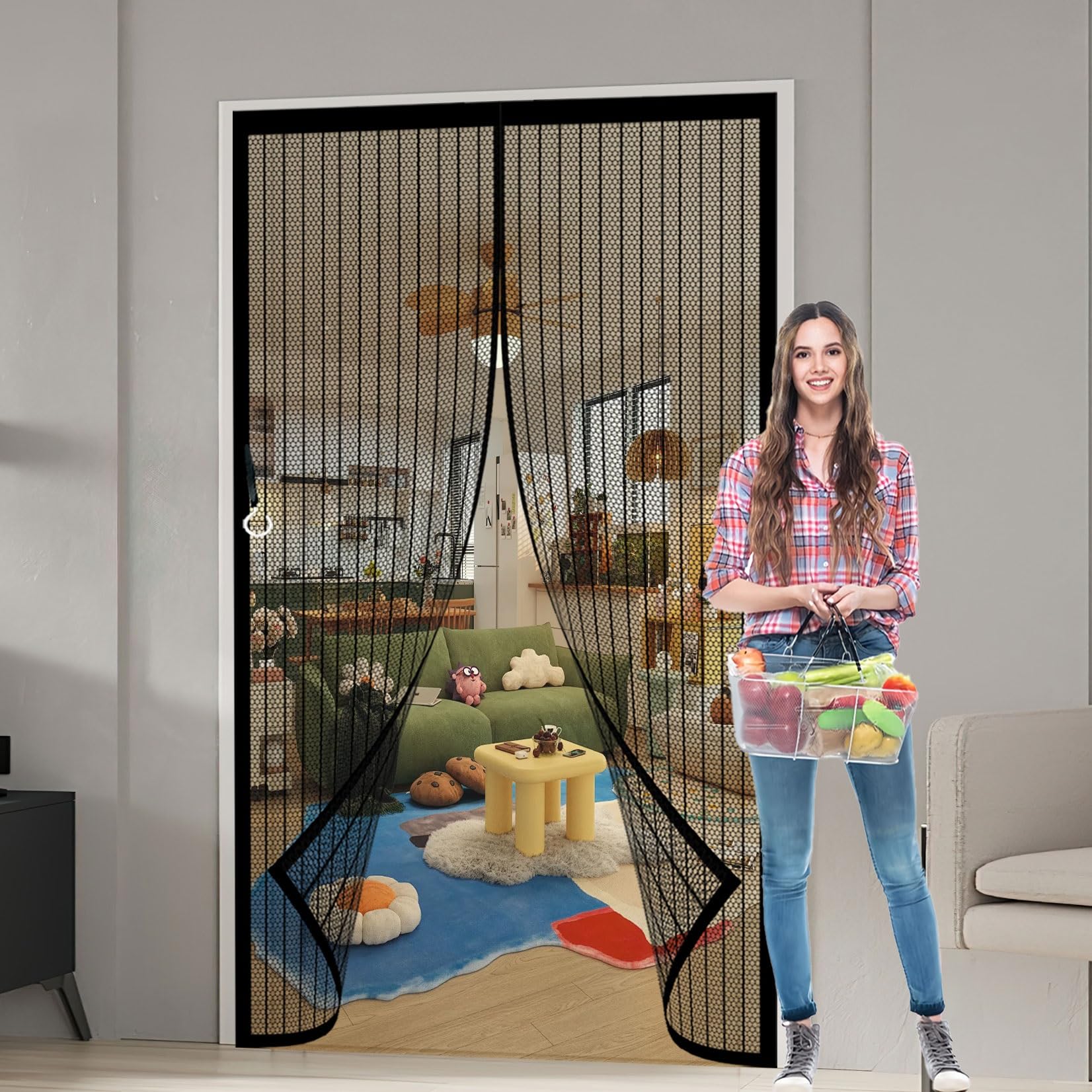 Fliegengitter Tür 121 x 224 cm Extra Starke Magnete Magnet-Verschluss Insektenschutz Tür Fliegengittertüren mit Selbstklebendes Klettband für Kellertür Und Terrassentür, Schwarz