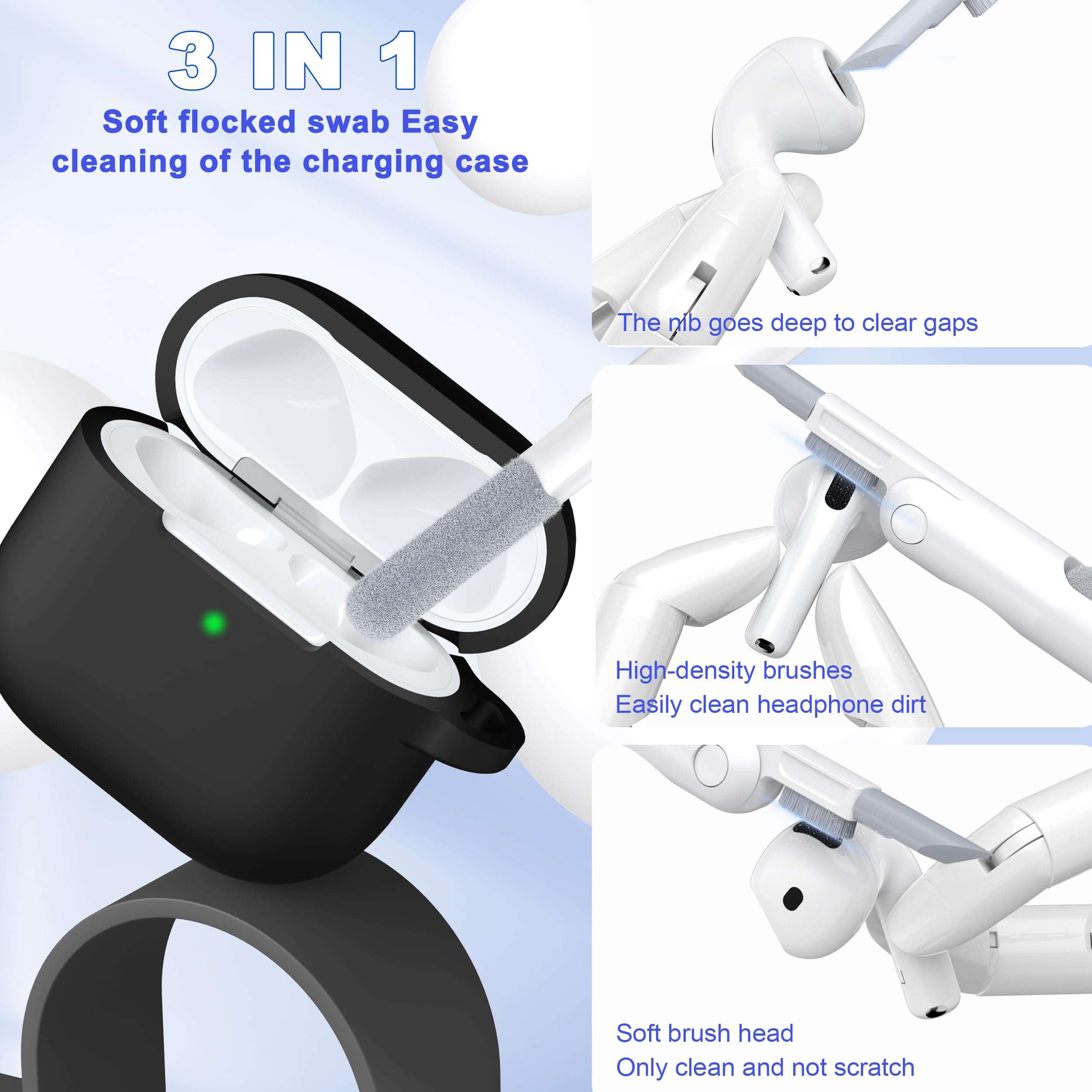 etui na AirPods 4. generacji 2024, miękki silikonowy amortyzujący wstrząsy klasy wojskowej do etui AirPods 4 z brelokiem i zestawem do czyszczenia, czarny