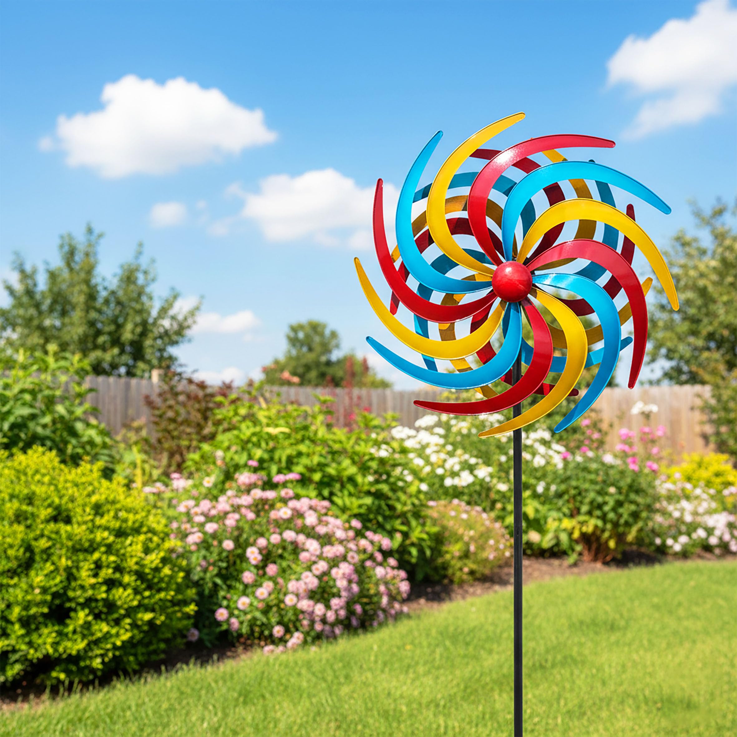 Molinillo de viento de metal, multicolor, diámetro de 61 cm, altura 210 cm, decoración para jardín