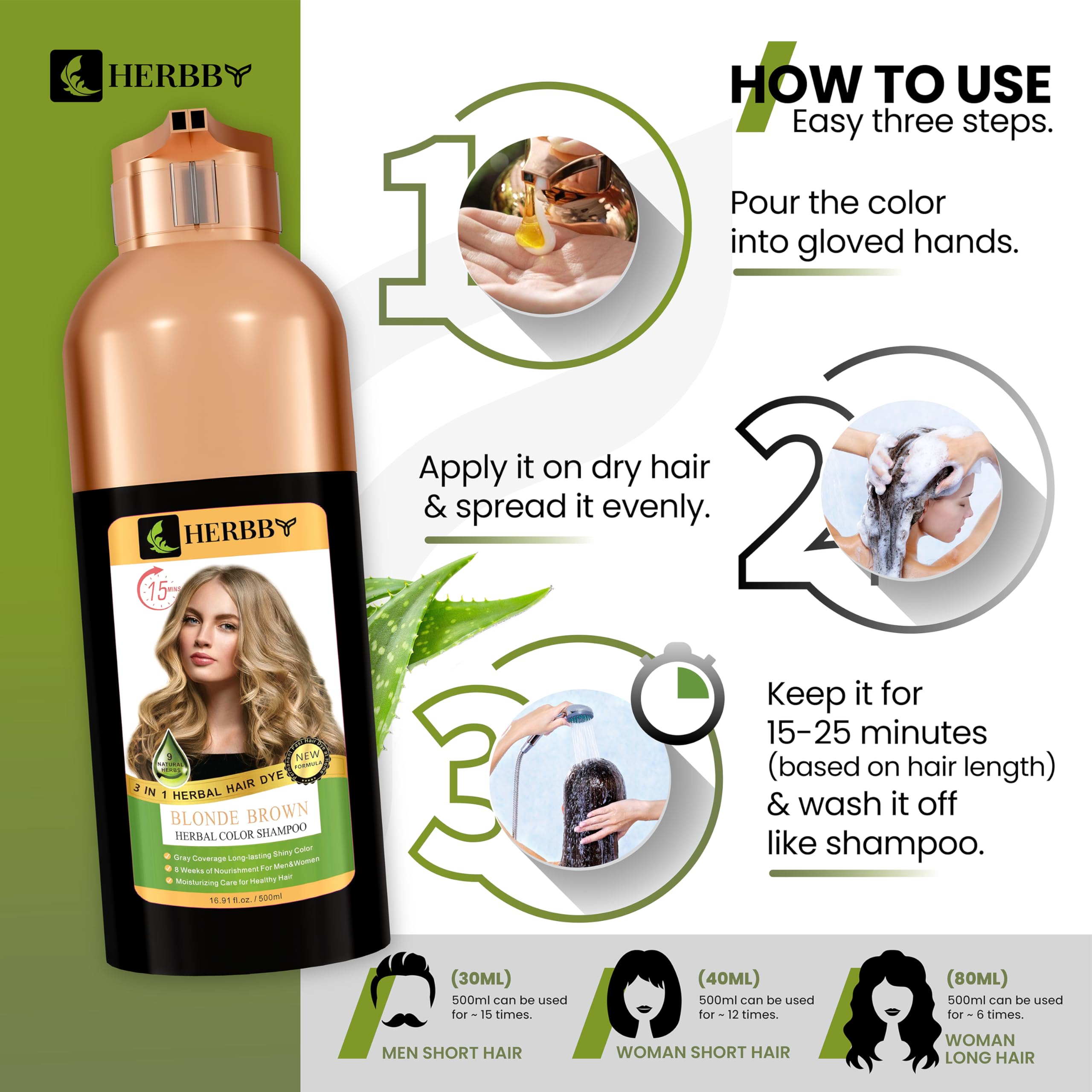HERBBY Champ Hair Dye szampon do włosów siwych z 9 ekstraktami ziołowymi, długa żywotność (6-8 tygodni), jasny, jednolity kolor, natychmiastowy kolor