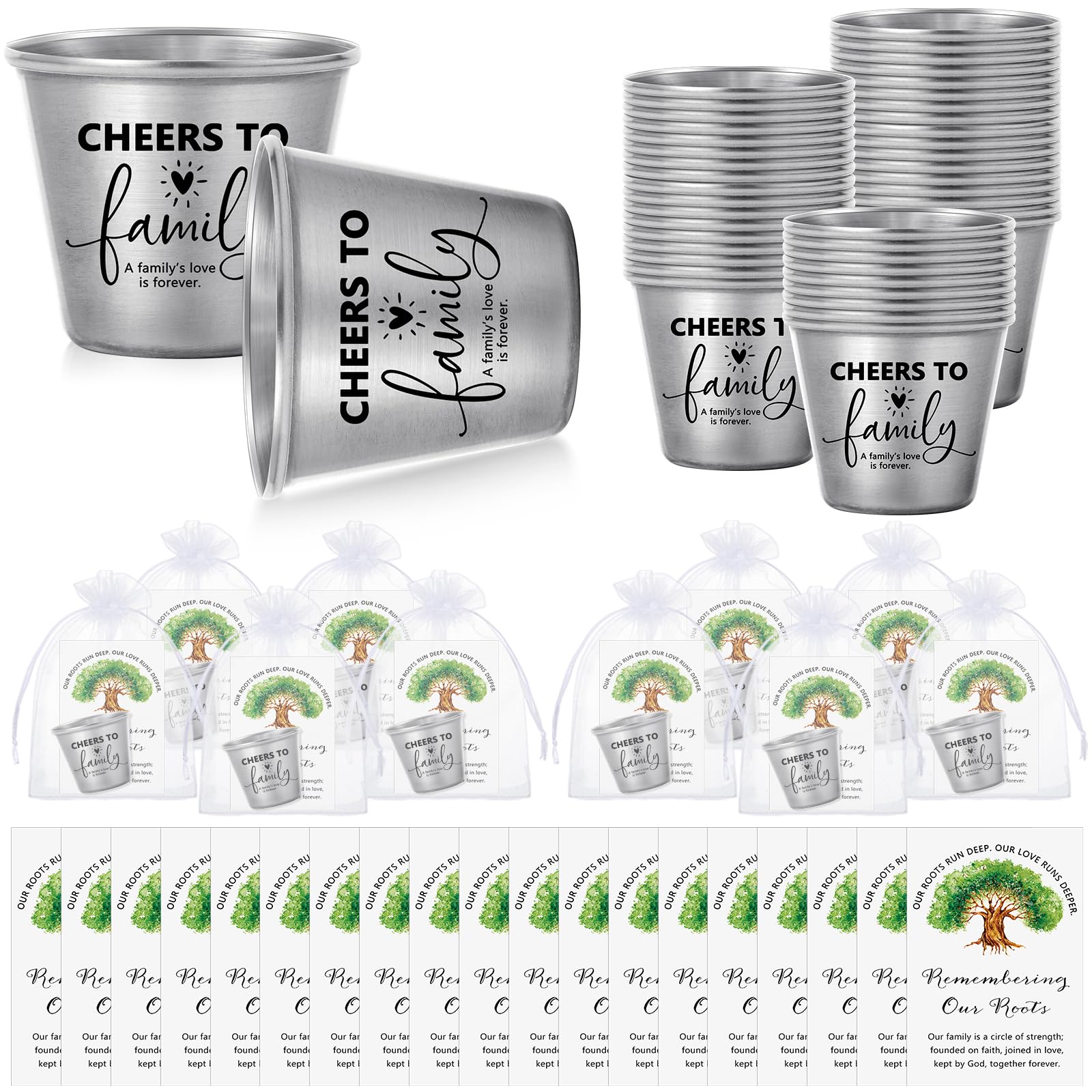 Roshtia Family Reunion Gifts Favors Cheers to Family 1.5 oz Stainless Steel Short Wine Glasses with Card and Organza Bags Gathering Party Supplies(60