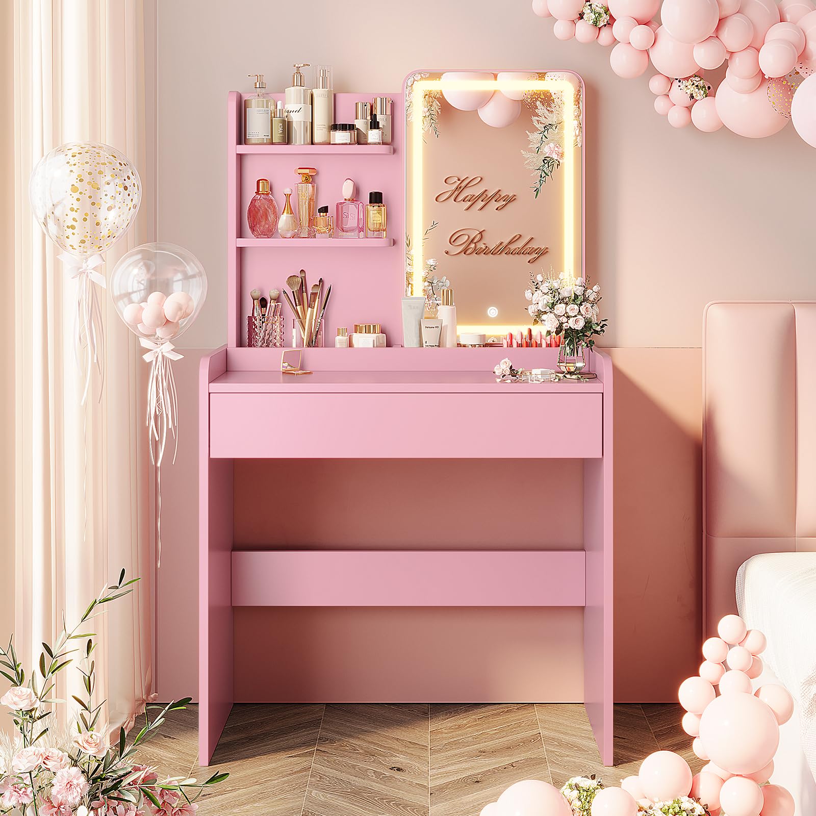 Memobarco Small Vanity Desk with Mirror and Lights, Makeup Vanity with Drawer & Storage Shelves, Vanity Desk with 3 Lighting Modes & Adjustable