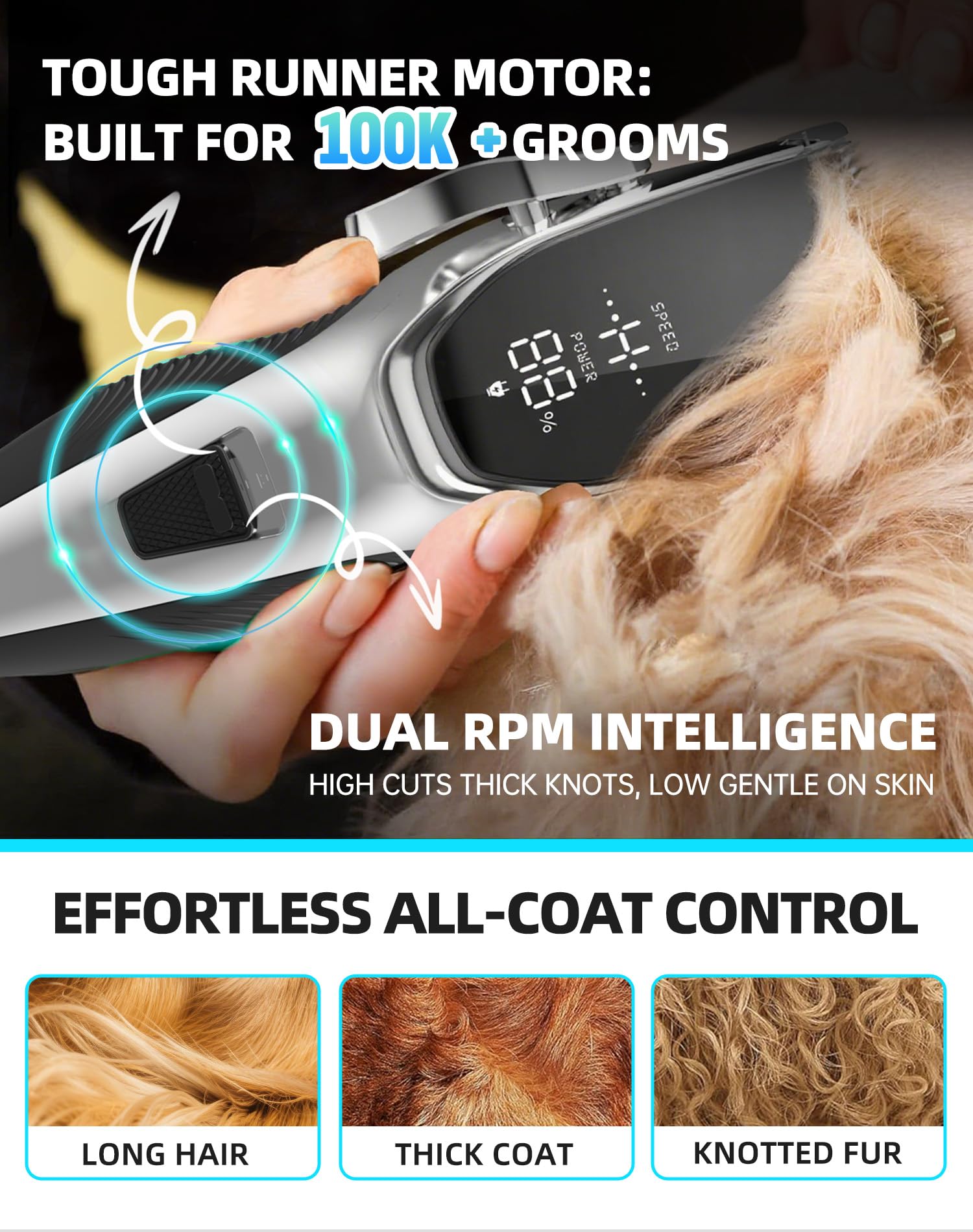Kit de aseo para perros de bajo ruido, cortadora inalámbrica 4 en 1 para el aseo de perros recargable, recortadora de pelo de mascotas y gatos con 2 velocidades, 6 protectores, tijeras, peine para