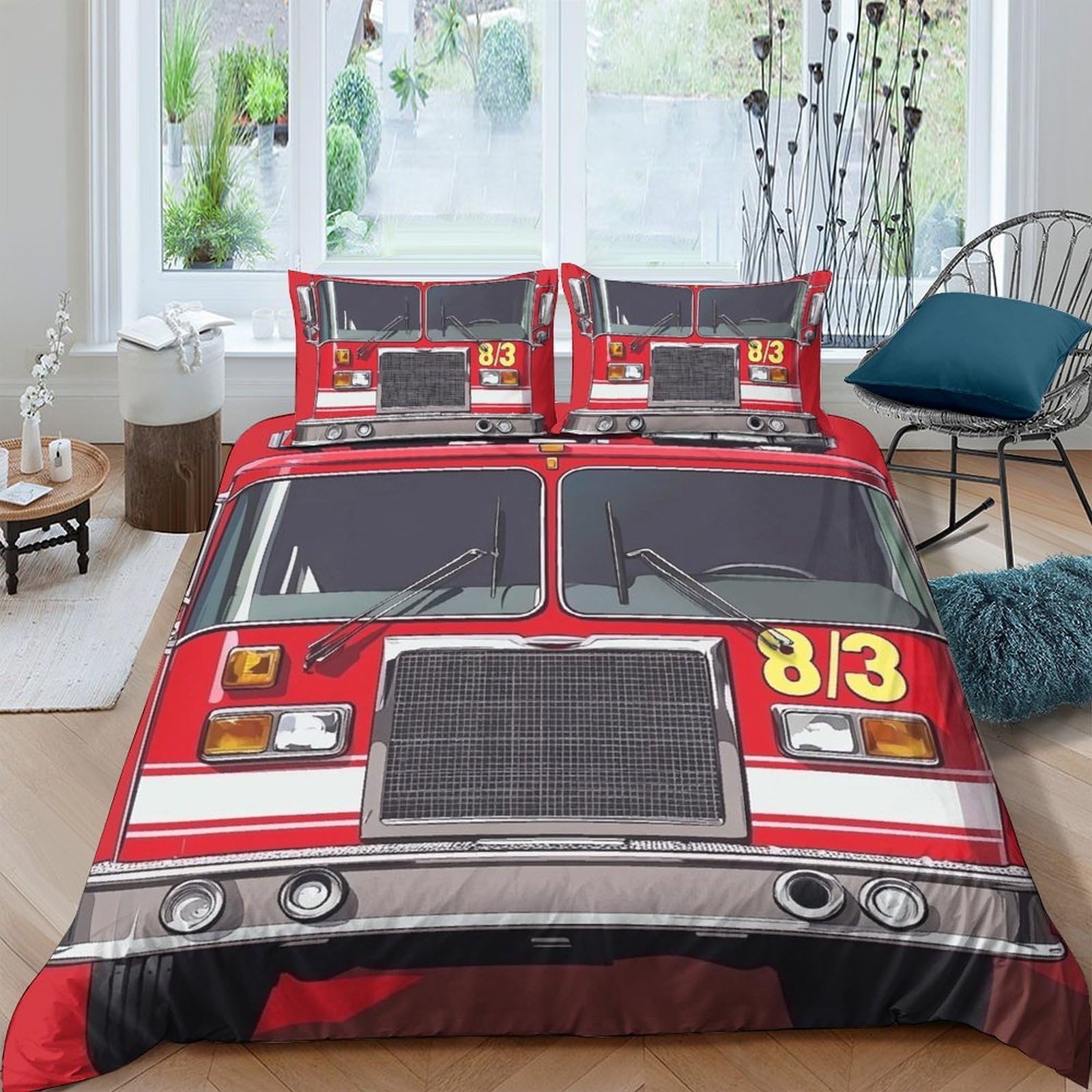 Ctjqhvkz Style-6 3D Printed Fire Truck Fitted Sheet Microfiber Soft Breathable Red Vehicle Bed Cover For Bedroom Guest Room Decor Single（135X200cm）