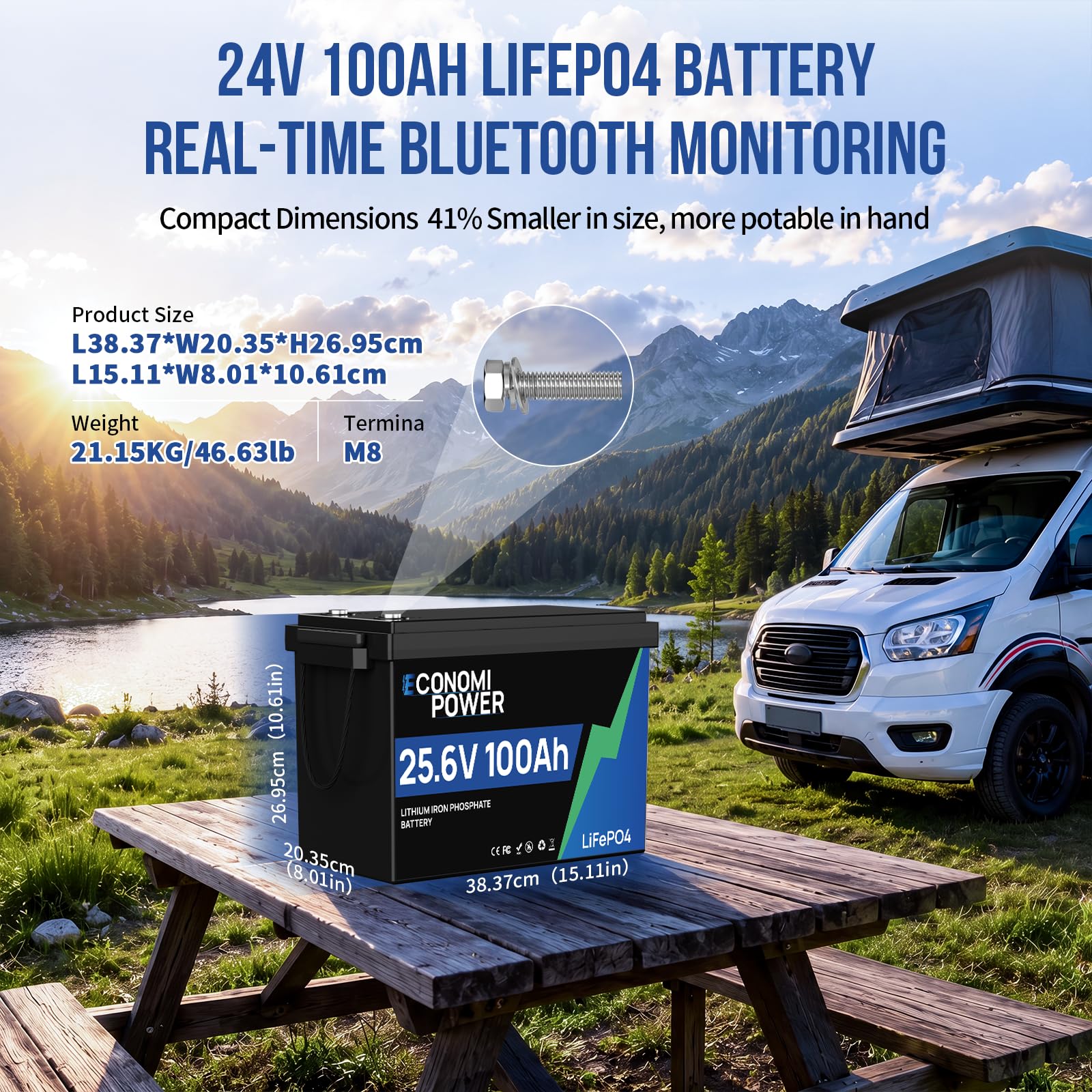 Bluetooth Batterie Lithium 24V 100Ah Lifepo4, 100A BMS intégré, 6000+ Cycle profond lifepo4, 2560Wh Batterie Lithium pour Camping-car, Bateau, Solaire et hors-réseau