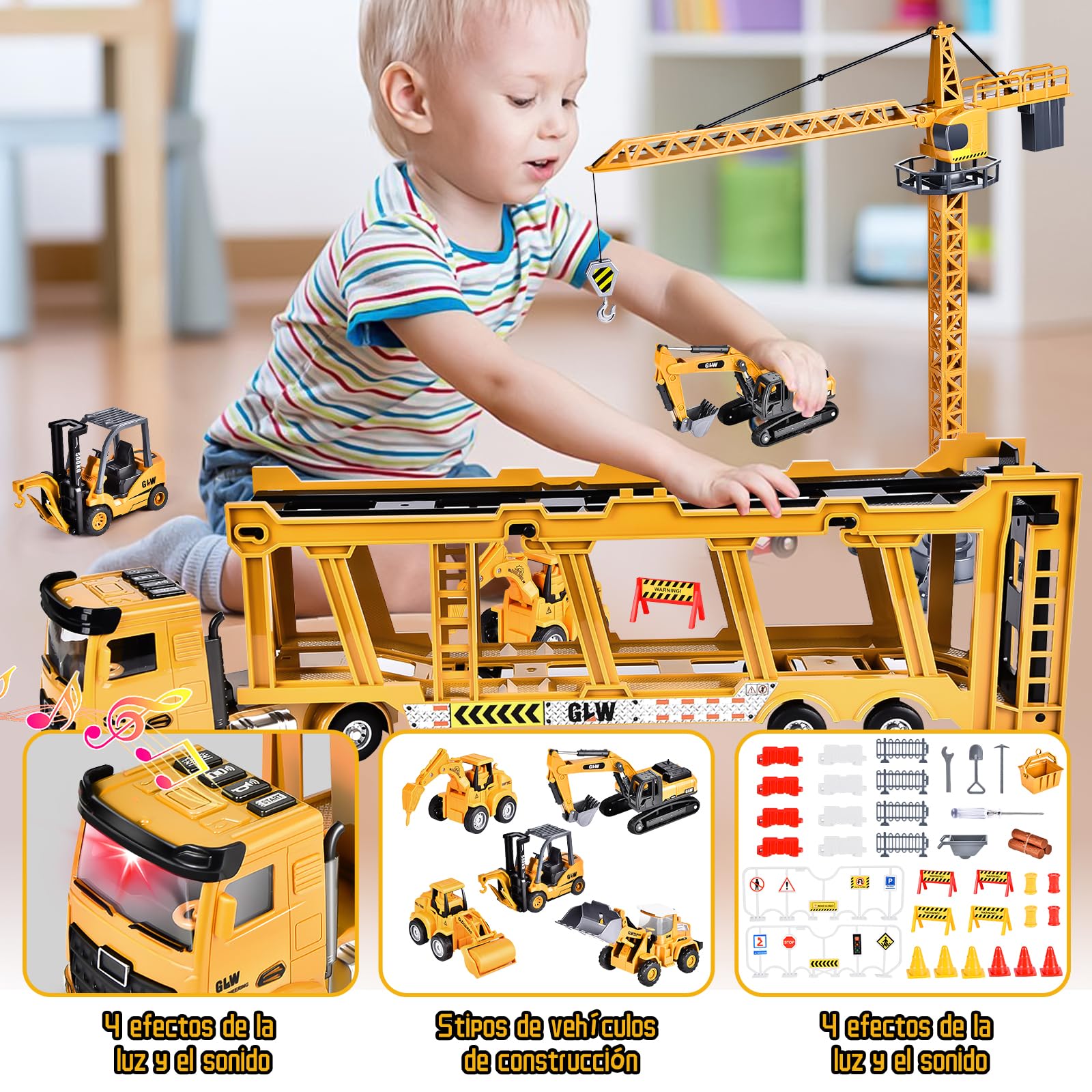 Herefun Vehículos Construcción Grandes, Camión y Grúa Con Sonido, Juguete Transportador Para Niños 3,4+