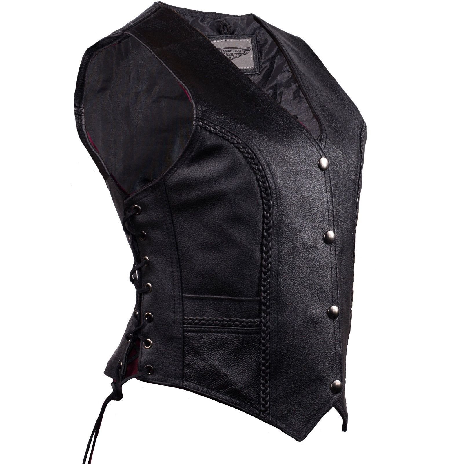 Women's Motorcycle Riding Leather Braided Vest Side Laces Gun Pocket INSIDEBLACK (Regular Regular 4XL Regular)