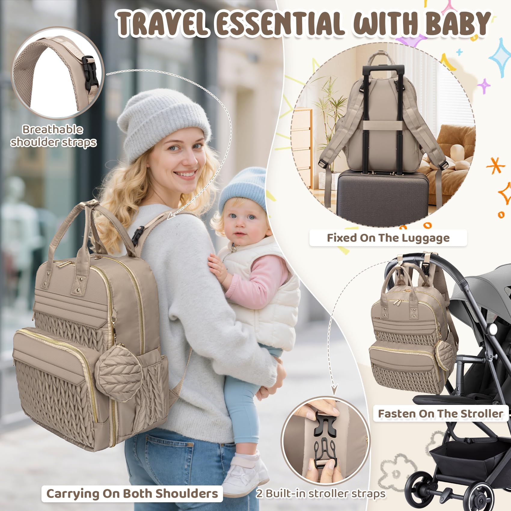 CandyHome Diaper Bag Backpack, Stylish Travel Baby Diaper Bags with Changing Pad, Insulated Pockets, Waterproof Baby Bag Converts into Tote Bag, Diaper Backpack, Stroller Bag (Khaki)