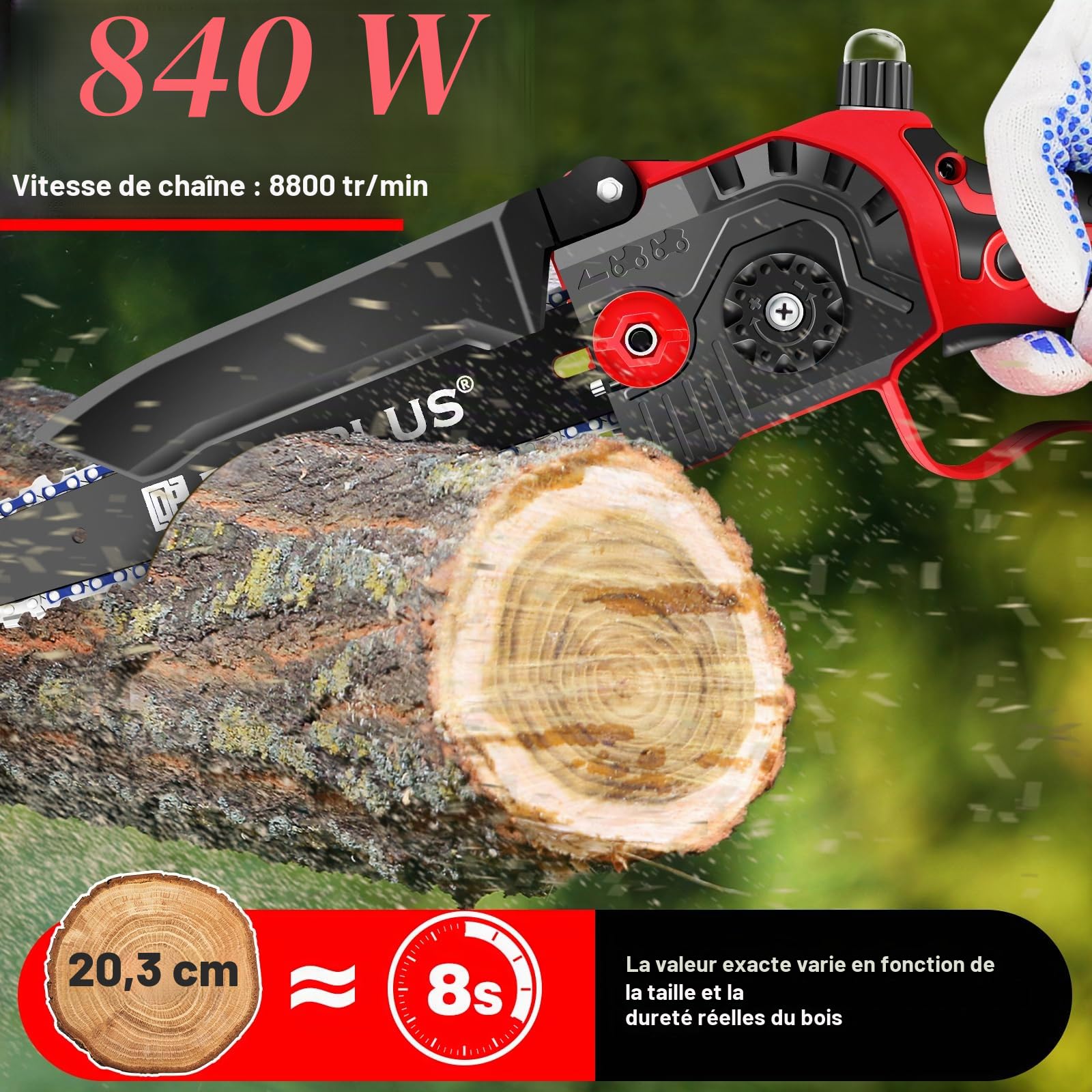 Mini Tronçonneuse Électrique Sans Fil de 8 Pouces avec 2 Batteries, 1 Chaînes et Mallette de Transport, Tronçonneuse Portable à Batterie pour Jardin, Cour, Branches d'Arbres et Coupe de Bois, Rouge