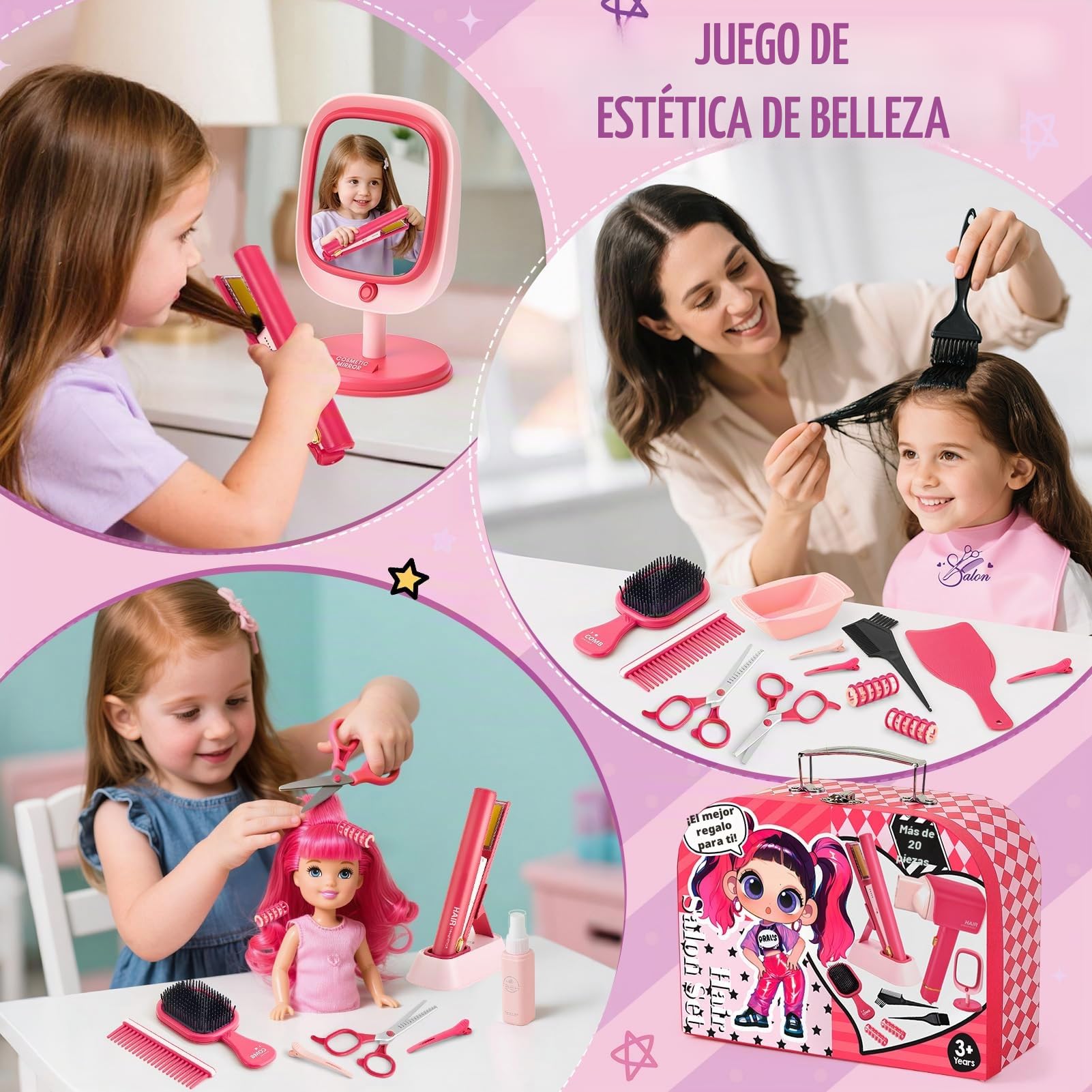 Toylink Set Peluquería Niña con Secador de Pelo, Plancha, Espejo, Peines, Tijeras, Rulos y Maletín de Belleza, Juguetes Simulación, Regalo para Niñas 3 4 5 6 7 8 Años