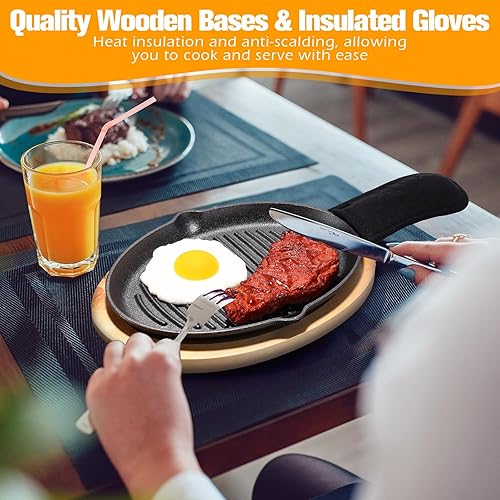 Miniatura 5 de Mifoci 12 juegos de platos de fajita de hierro fundido con bandeja base de madera y mango sartén de hierro fundido para carne, pollo, fajitas