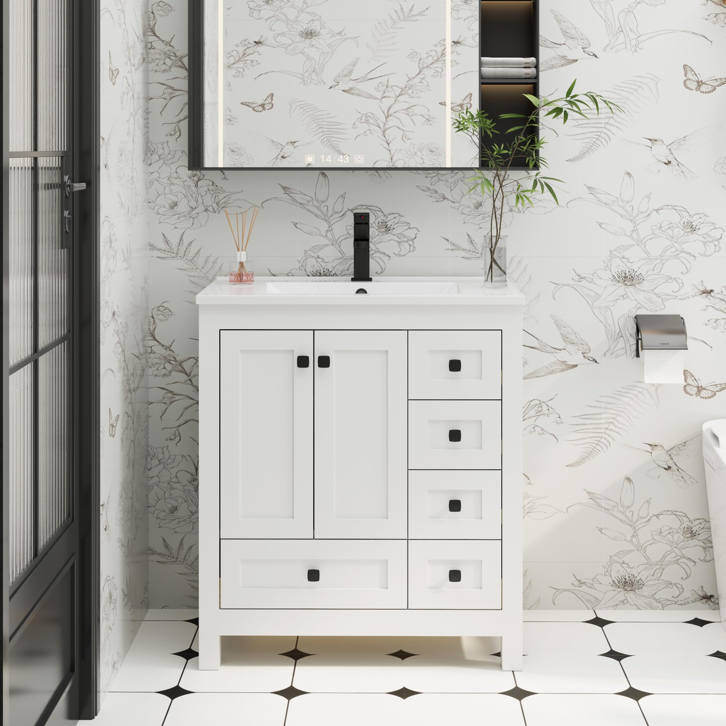 eclife 30 inch Thickened Wood White Bathroom Vanity