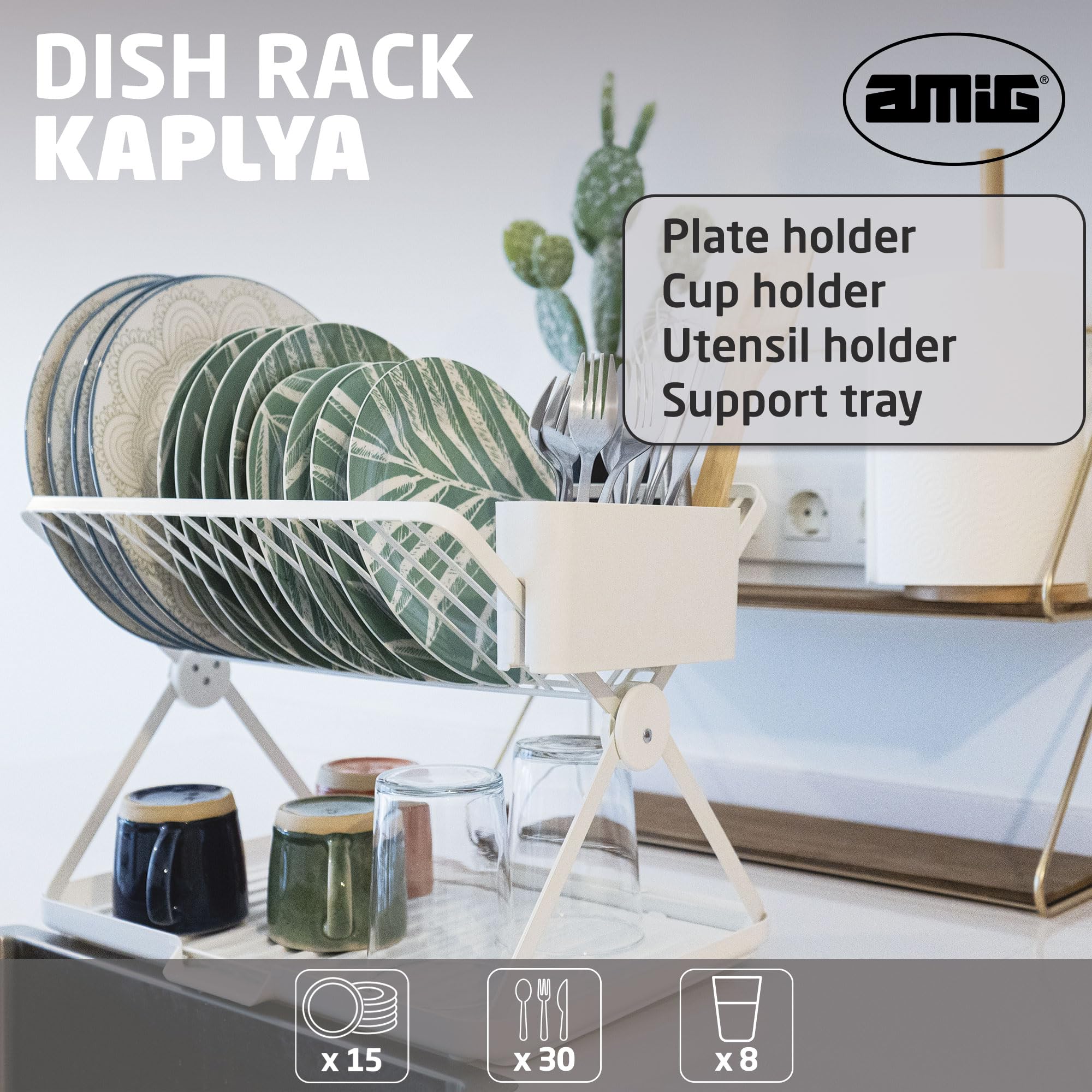 Amig - Składany Ociekacz do Naczyń Kaplya | 41,5 x 33,2 x 33,8 cm | Stal i Tworzywo Sztuczne | Biały | Kompaktowy z Tacą Kapiącą i Uchwytem na Sztućce | Idealny do Małych Kuchni