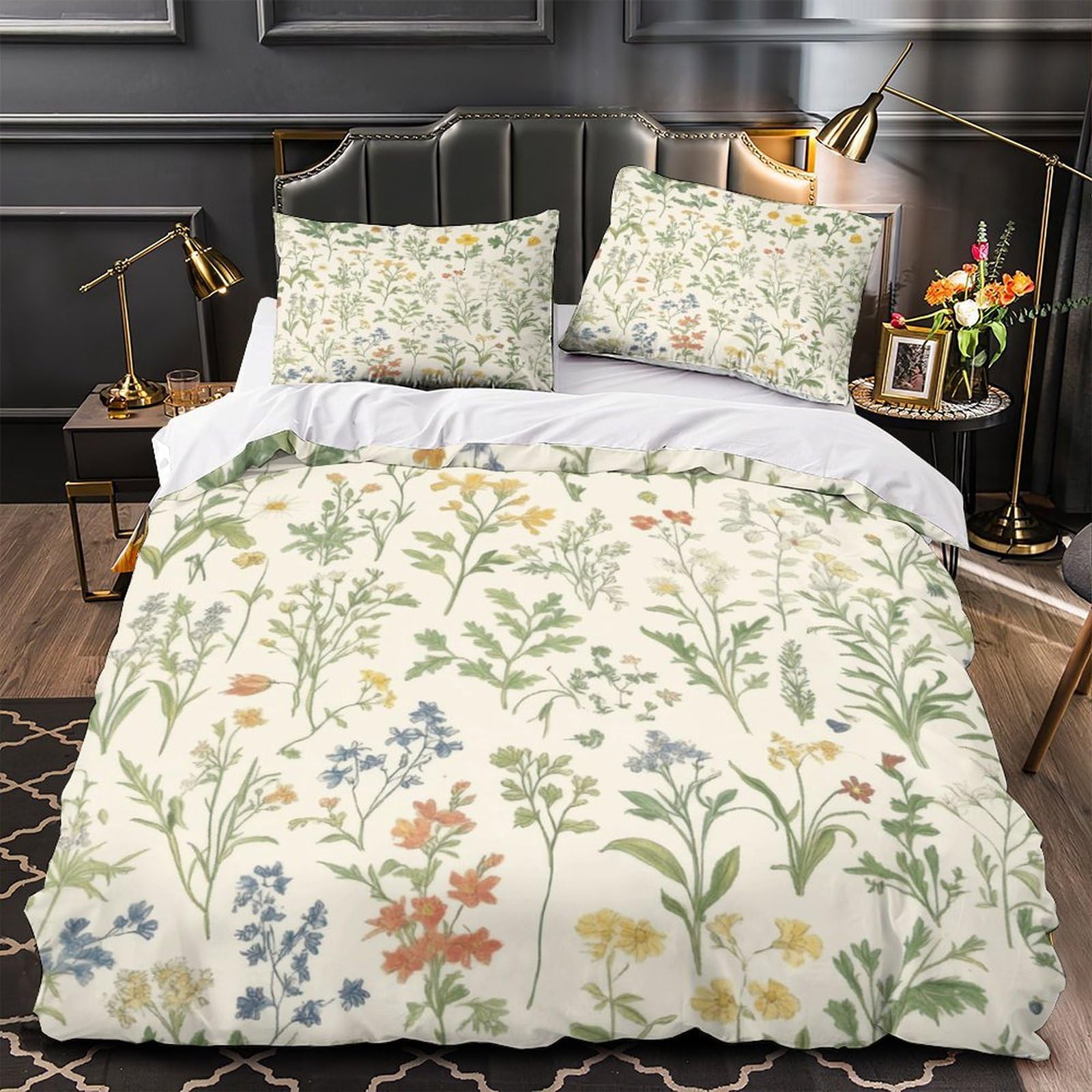Housse de Couette Microfibre Inaltérable Imprimé Floral 3D 260x220cm Fermeture Éclair